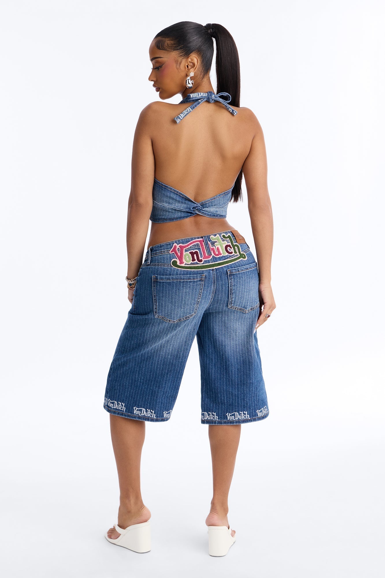 Von Dutch Striped Denim Jorts - Medium Wash