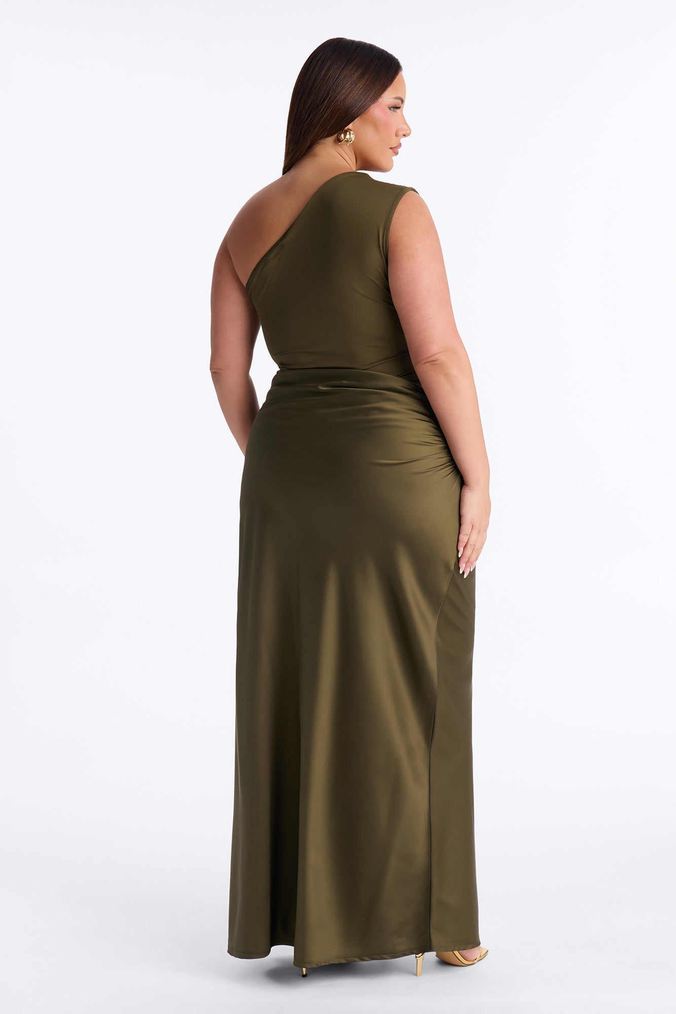 City Nights One Shoulder Satin Maxi Dress - Olive