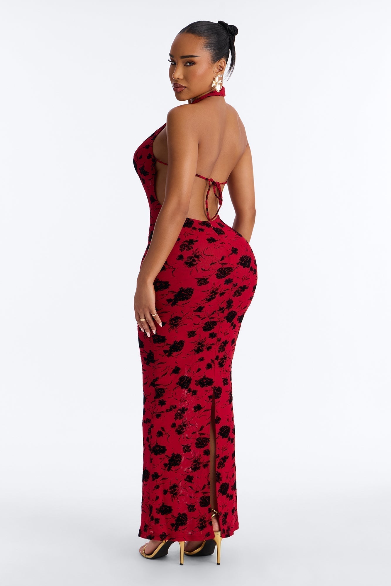 Hollywood Cut Out Flocked Maxi Dress - Red/combo