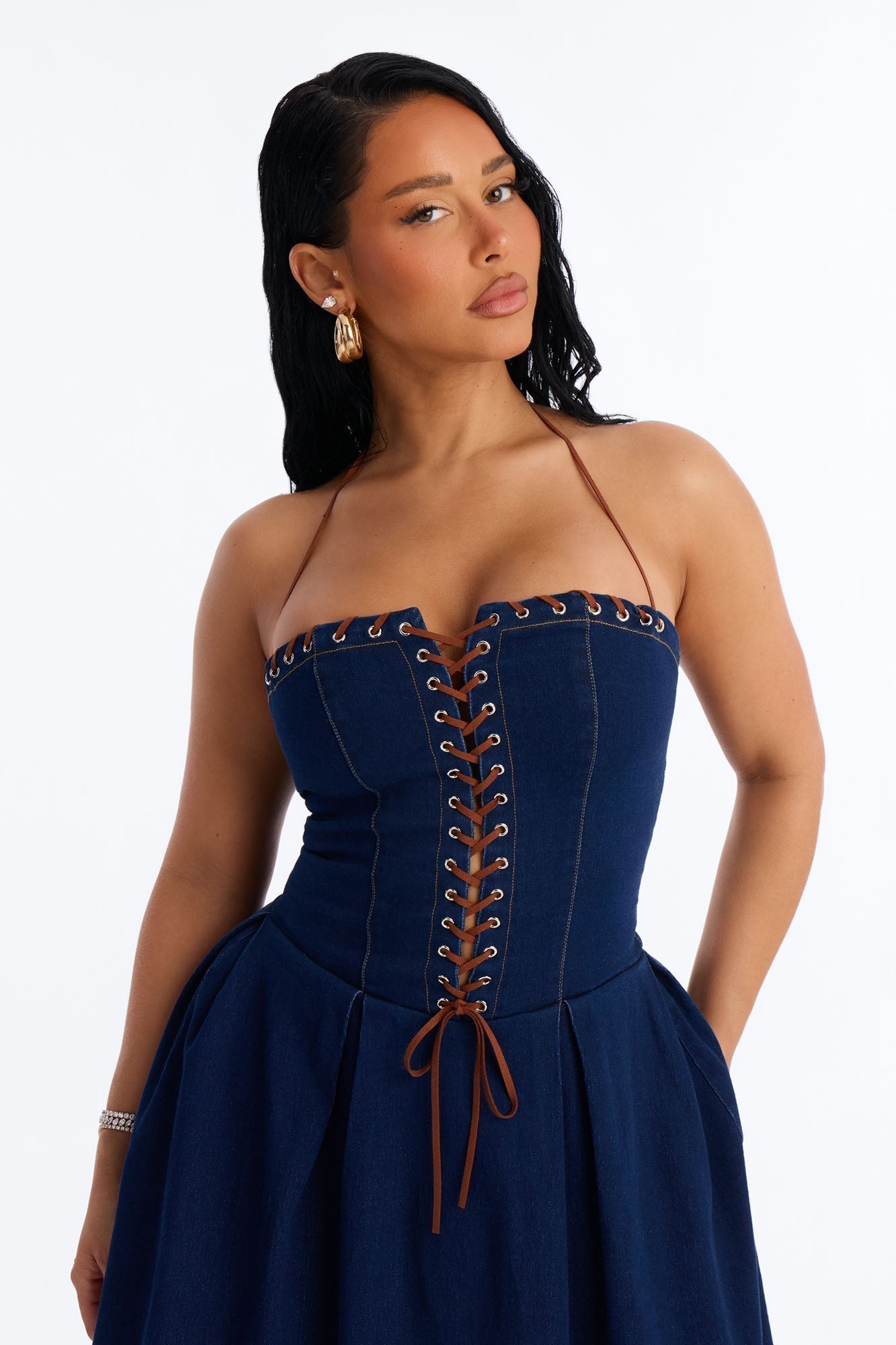 Karolina Lace Up Denim Midi Dress - Dark Wash