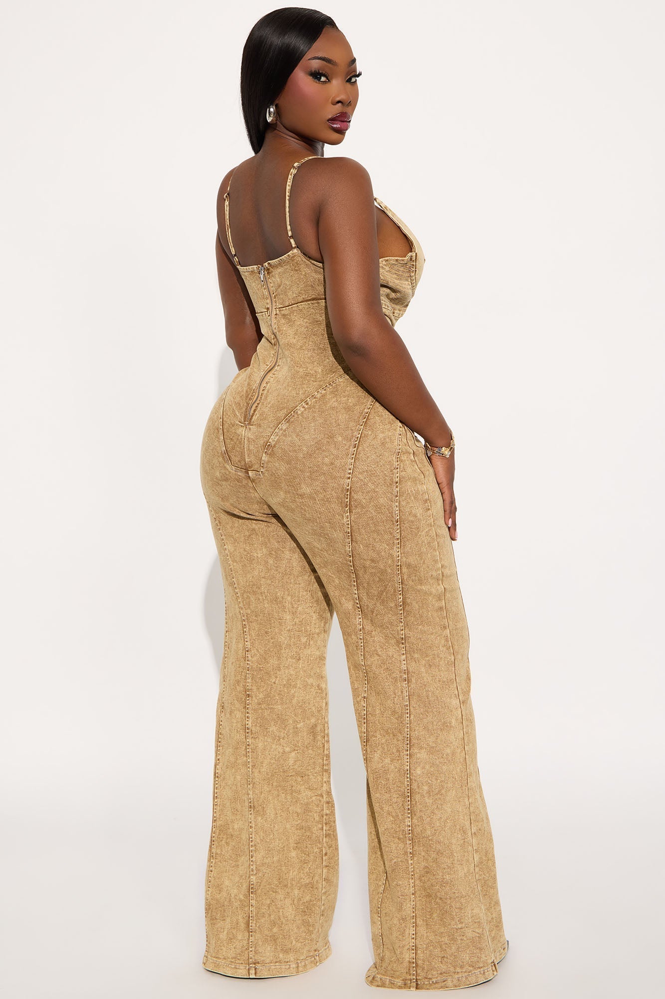 Level You Up Washed Denim Jumpsuit - Tan