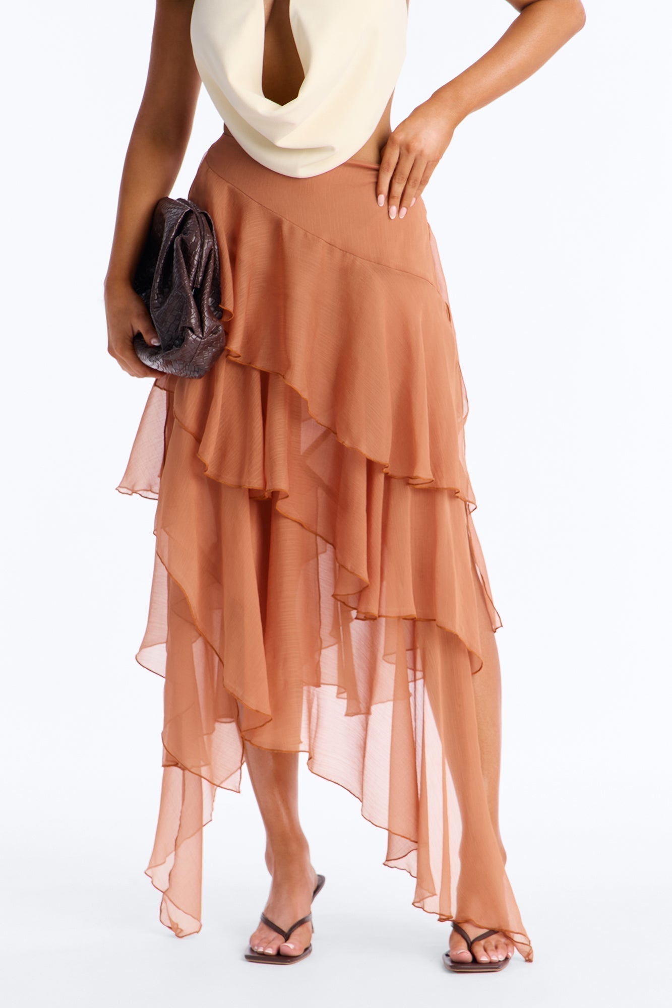 Eliza Asymmetrical Tiered Ruffle Midi Skirt - Cognac