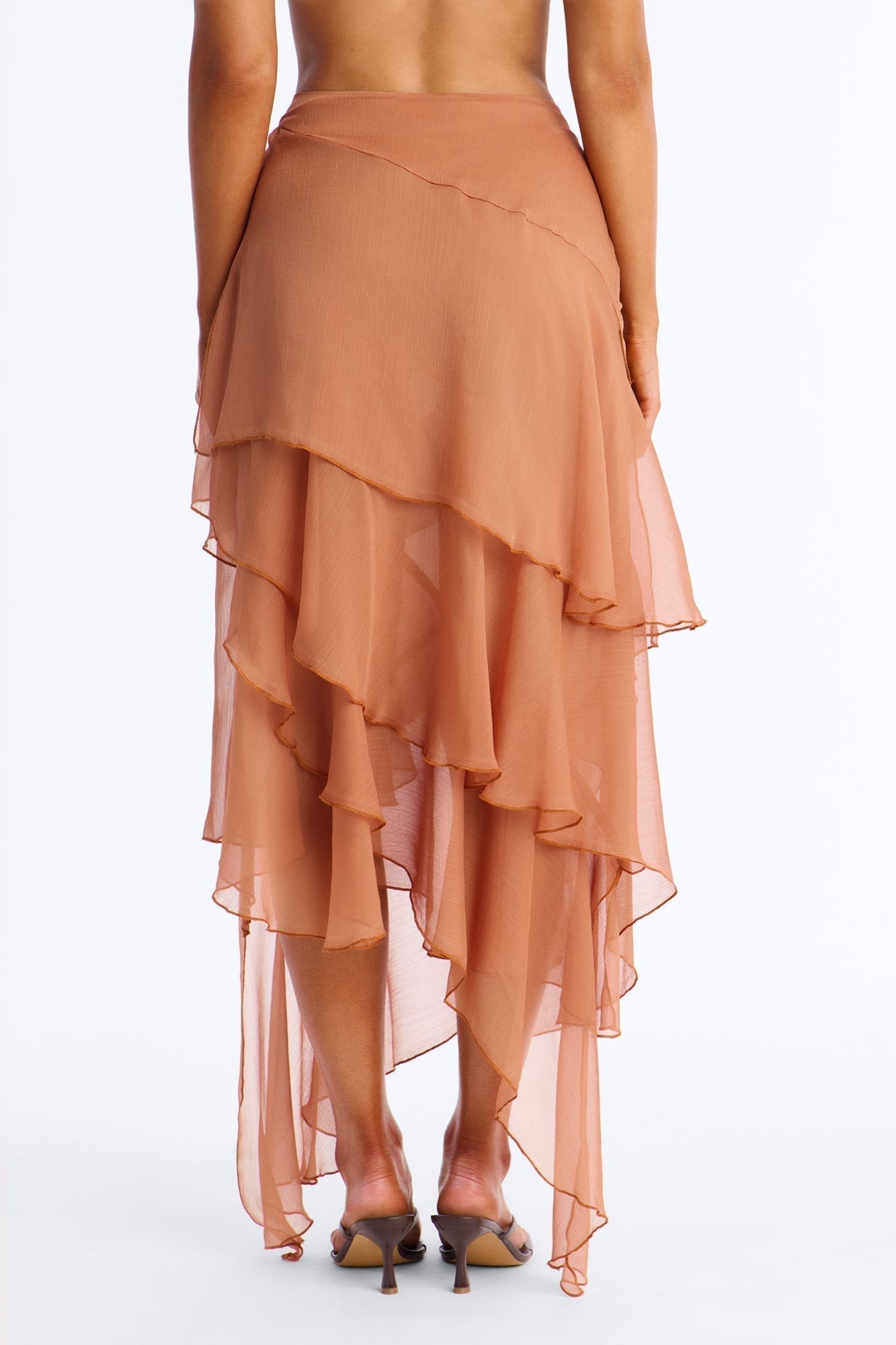 Eliza Asymmetrical Tiered Ruffle Midi Skirt - Cognac