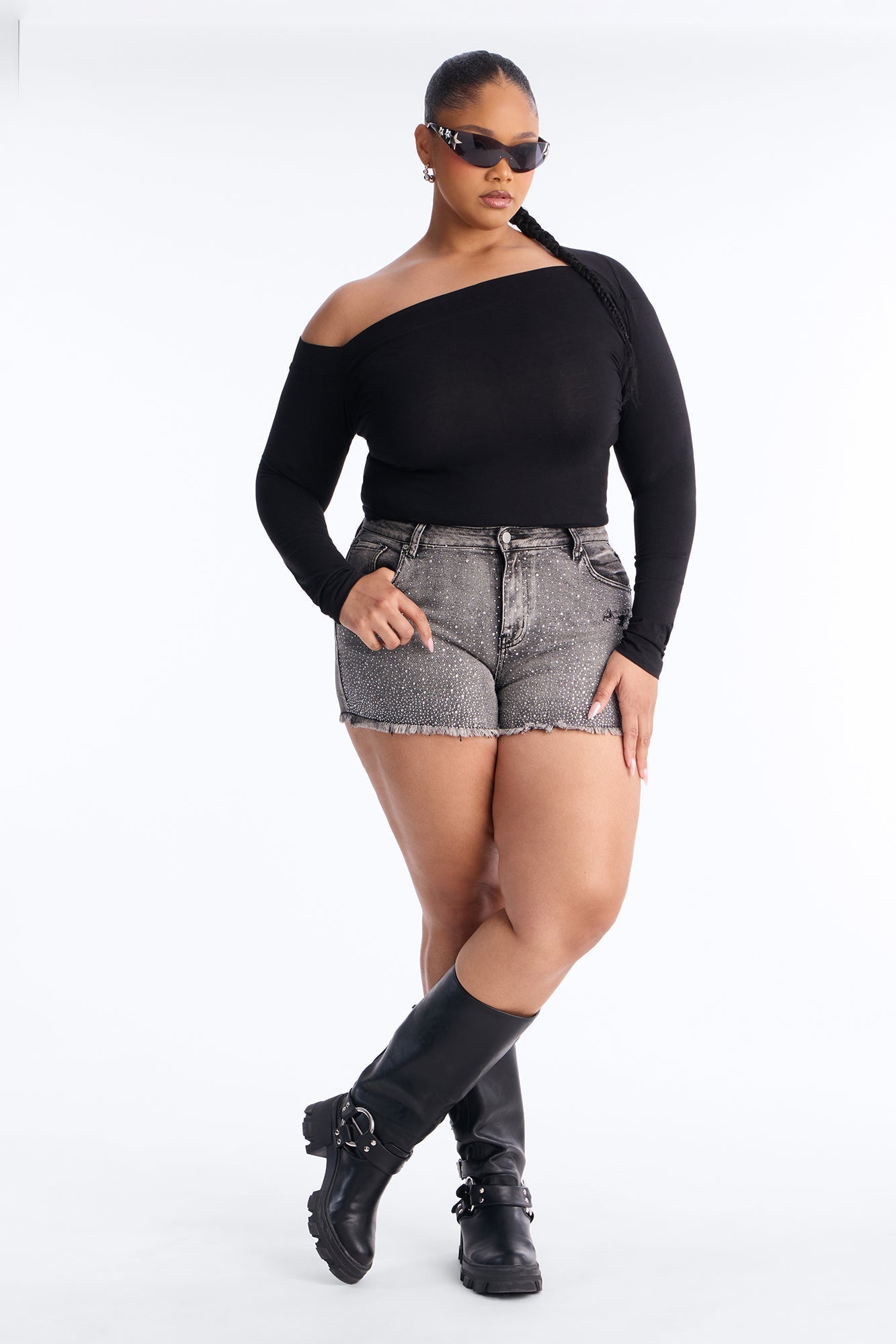 Shine Bright Embellished Stretch Denim Shorts - Grey