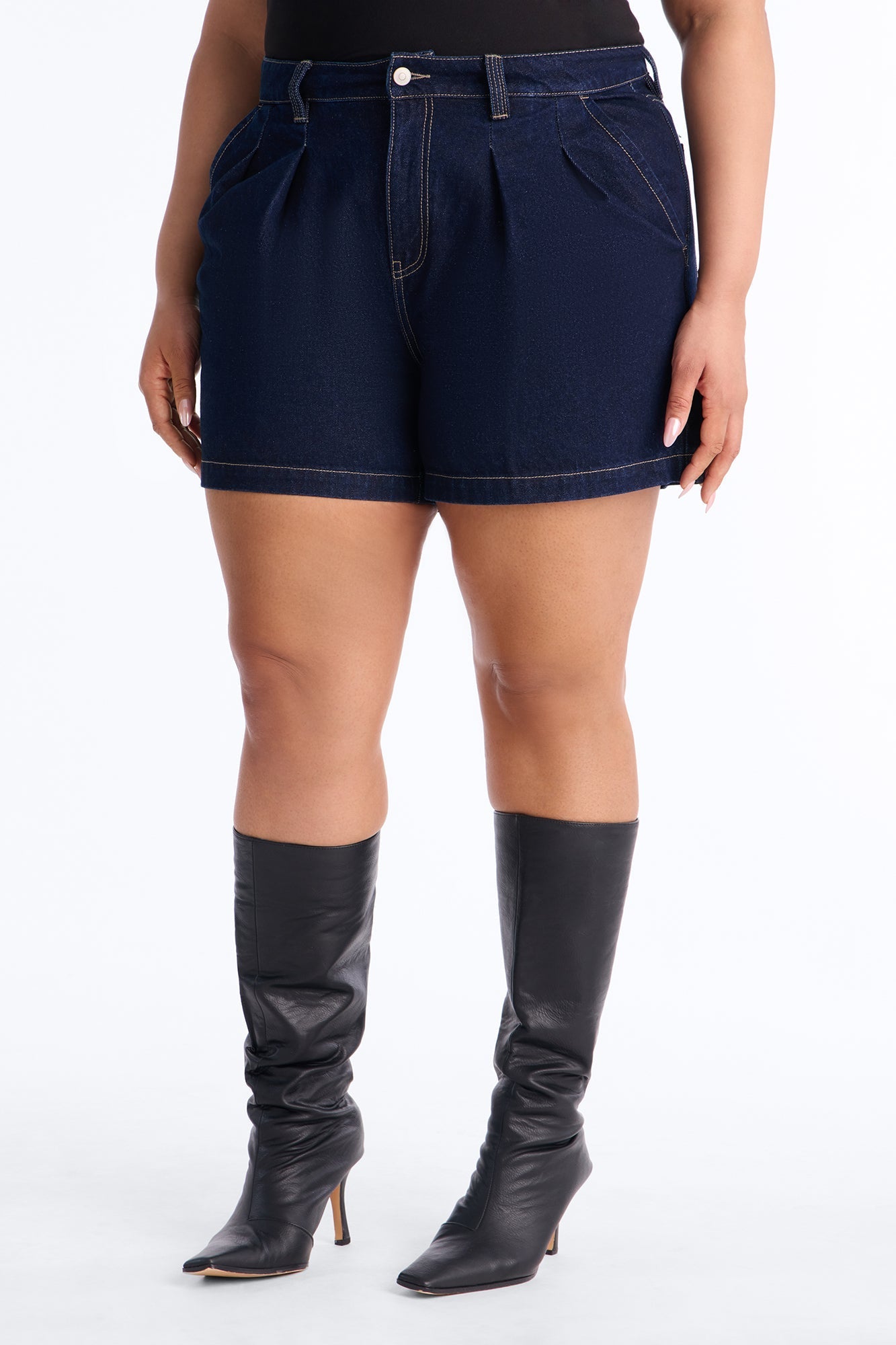 Night Borough Pleated Denim Shorts - Dark Wash