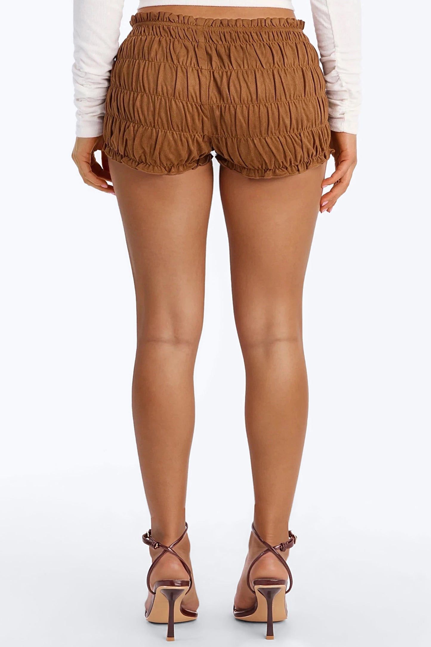 Chasing The Sun Faux Suede Micro Bloomers Shorts 1.5″ - Camel