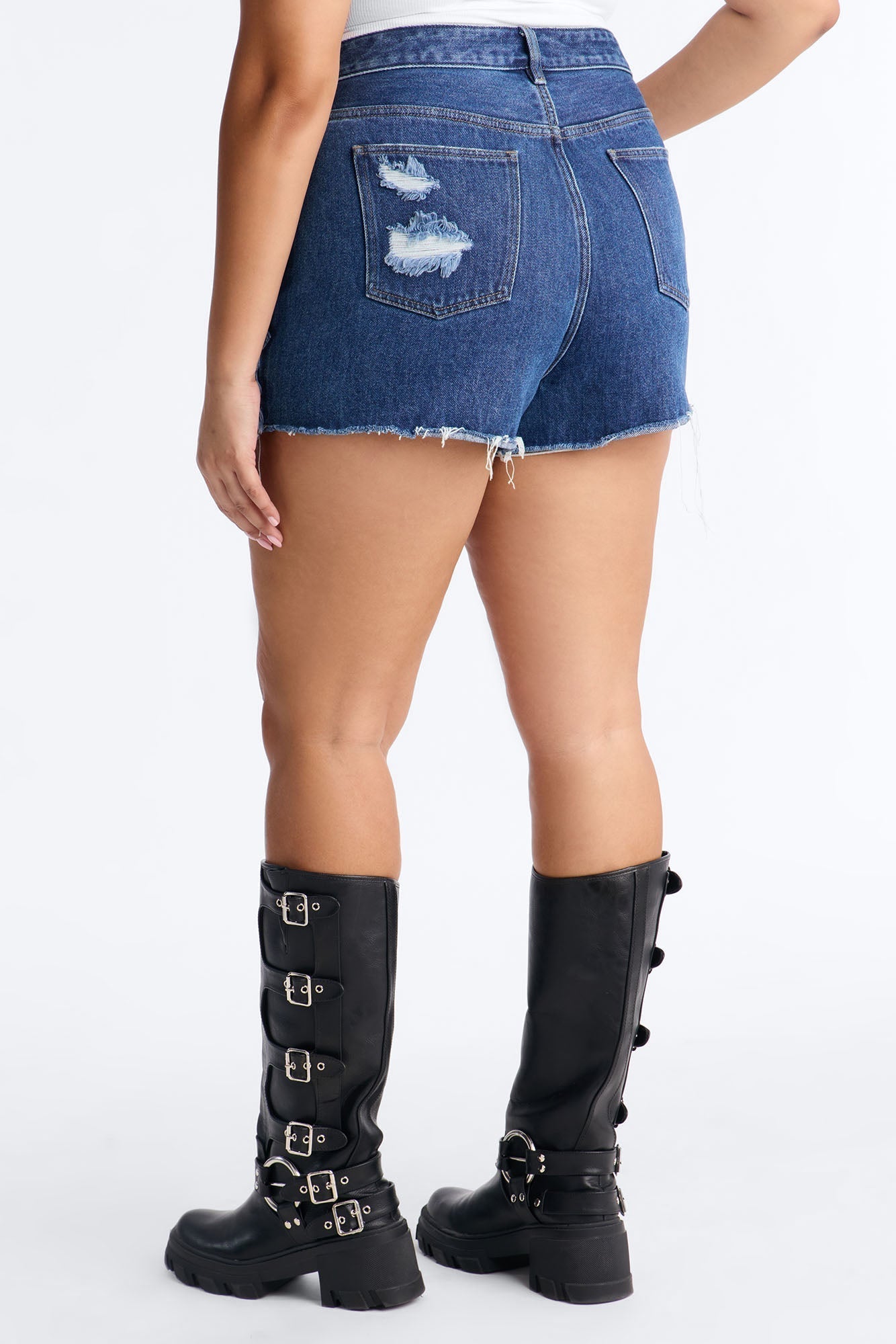 Indio Fringe Ripped High Rise Denim Shorts - Dark Wash