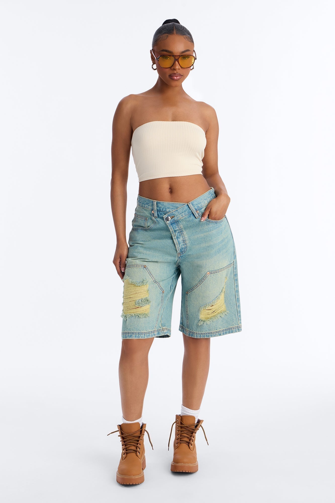 Elsie Crossover Denim Jorts - Light Wash