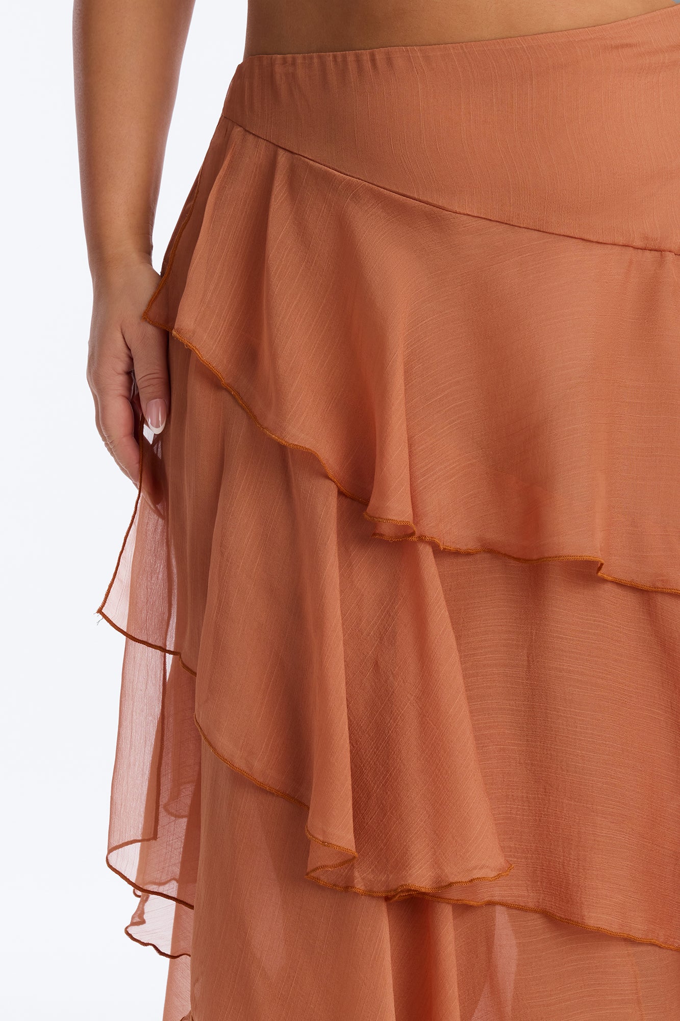 Eliza Asymmetrical Tiered Ruffle Midi Skirt - Cognac