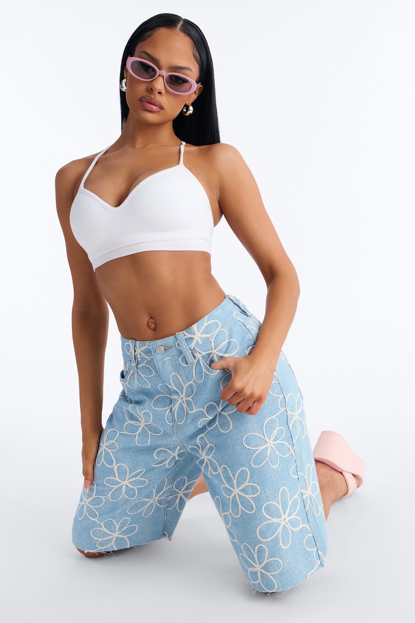 Good Vibes Embroidered Denim Jorts - Light Wash