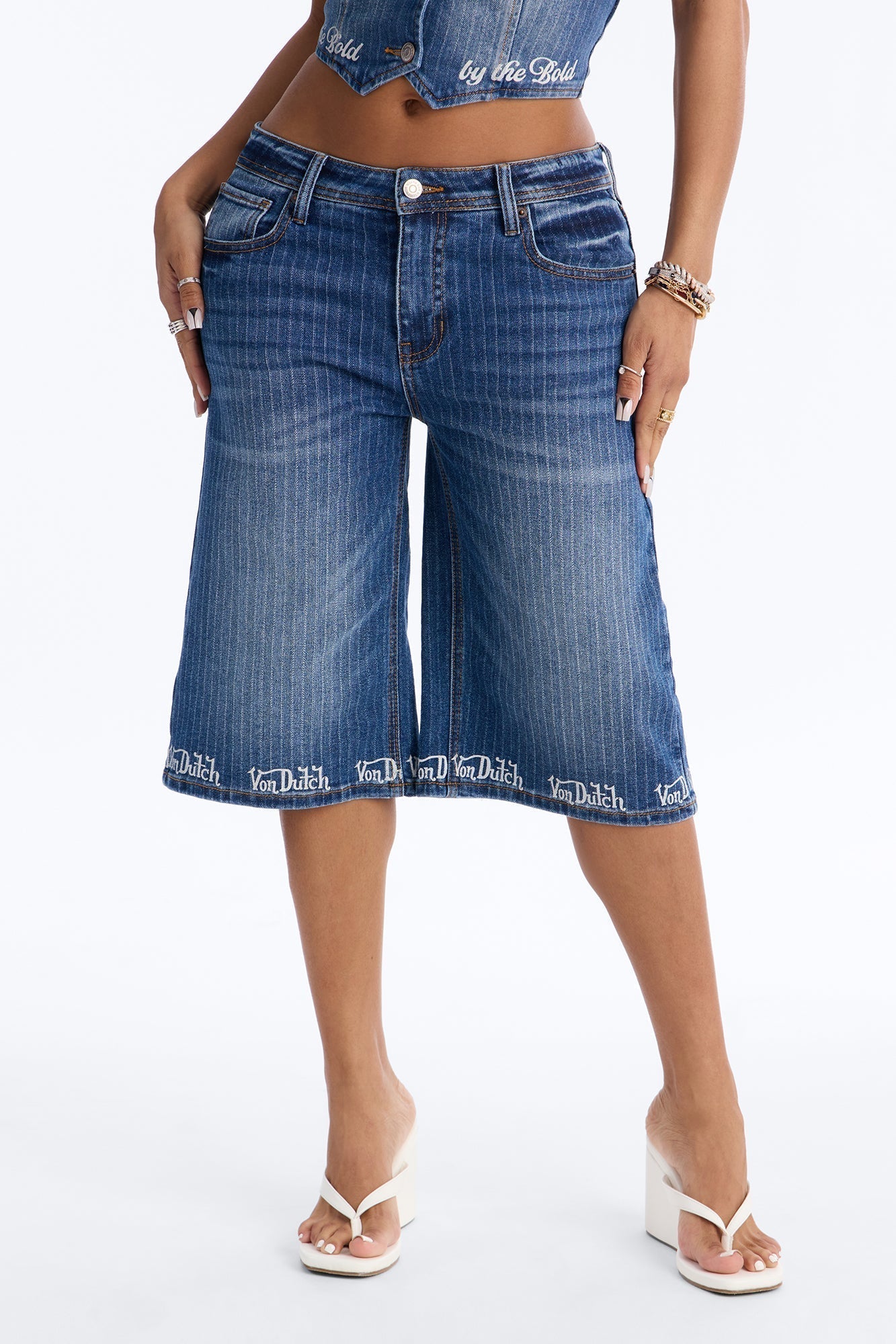 Von Dutch Striped Denim Jorts - Medium Wash