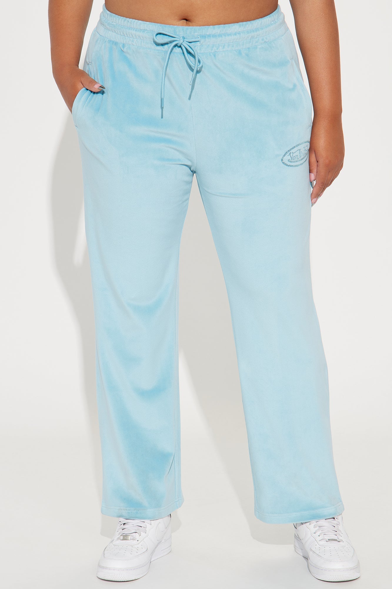 Von Dutch Velour Rhinestone Wide Leg Pant - Blue