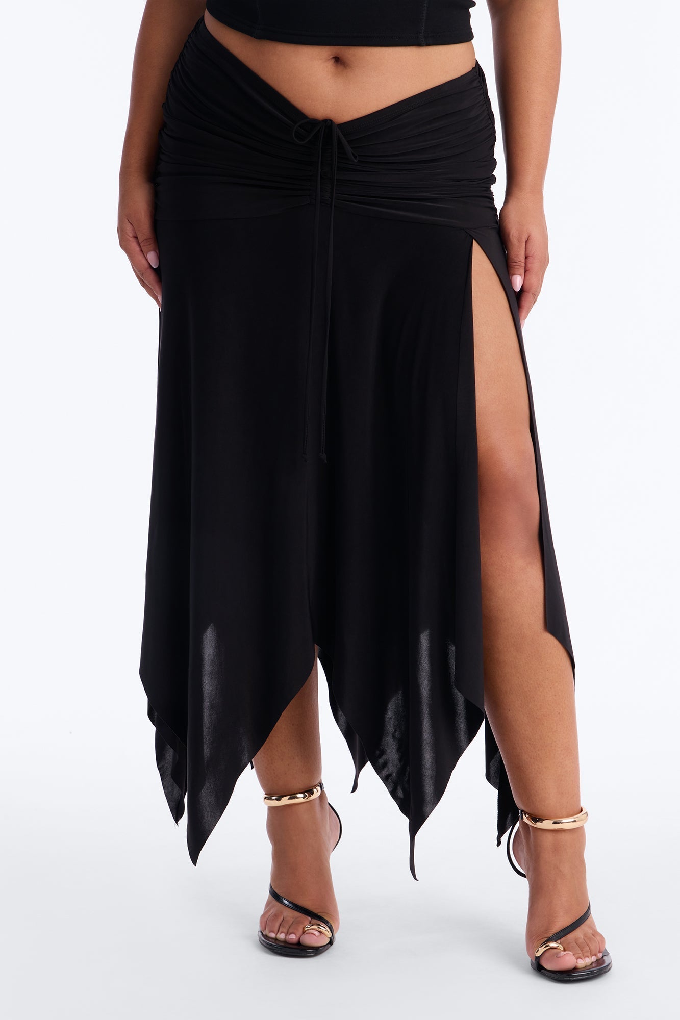 Miranda Low Rise Ruched Flowy Midi Skirt - Black