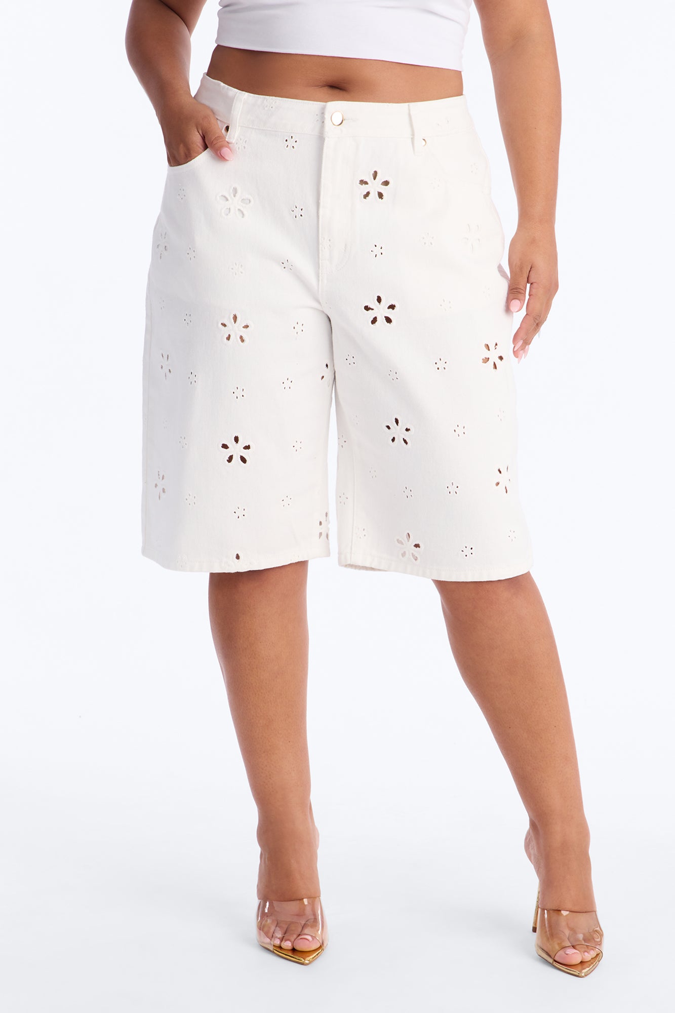 Valencia Eyelet Denim Jorts - White