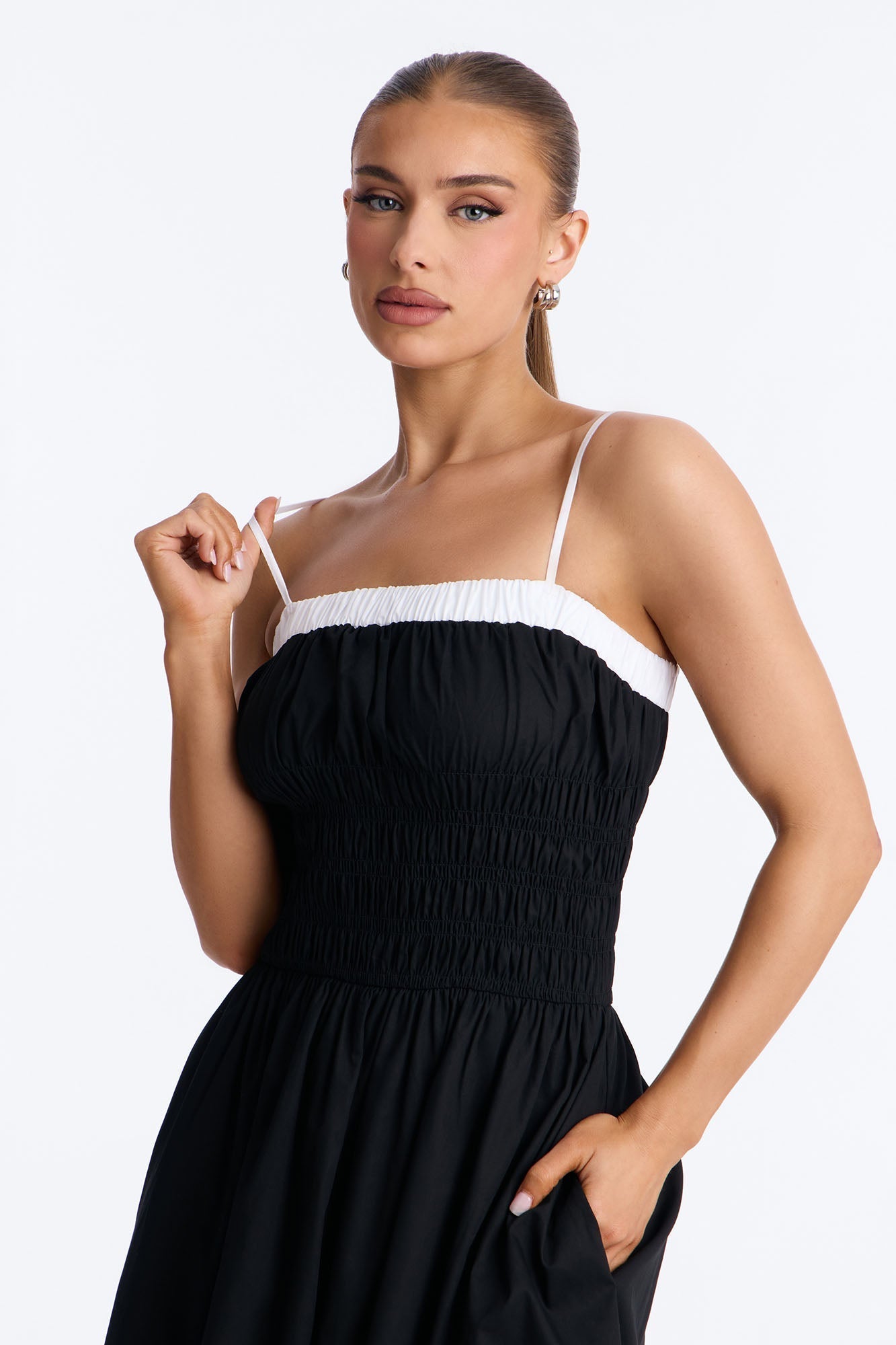 Sabrina Ruched Poplin Midi Dress - Black/White