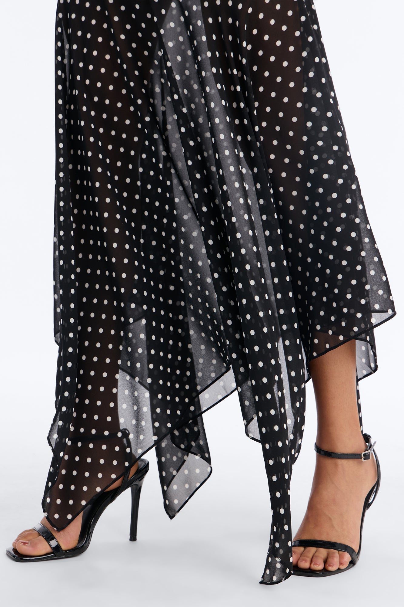 On The Dot Asymmetrical Chiffon Polka Dot Maxi Skirt - Black/White