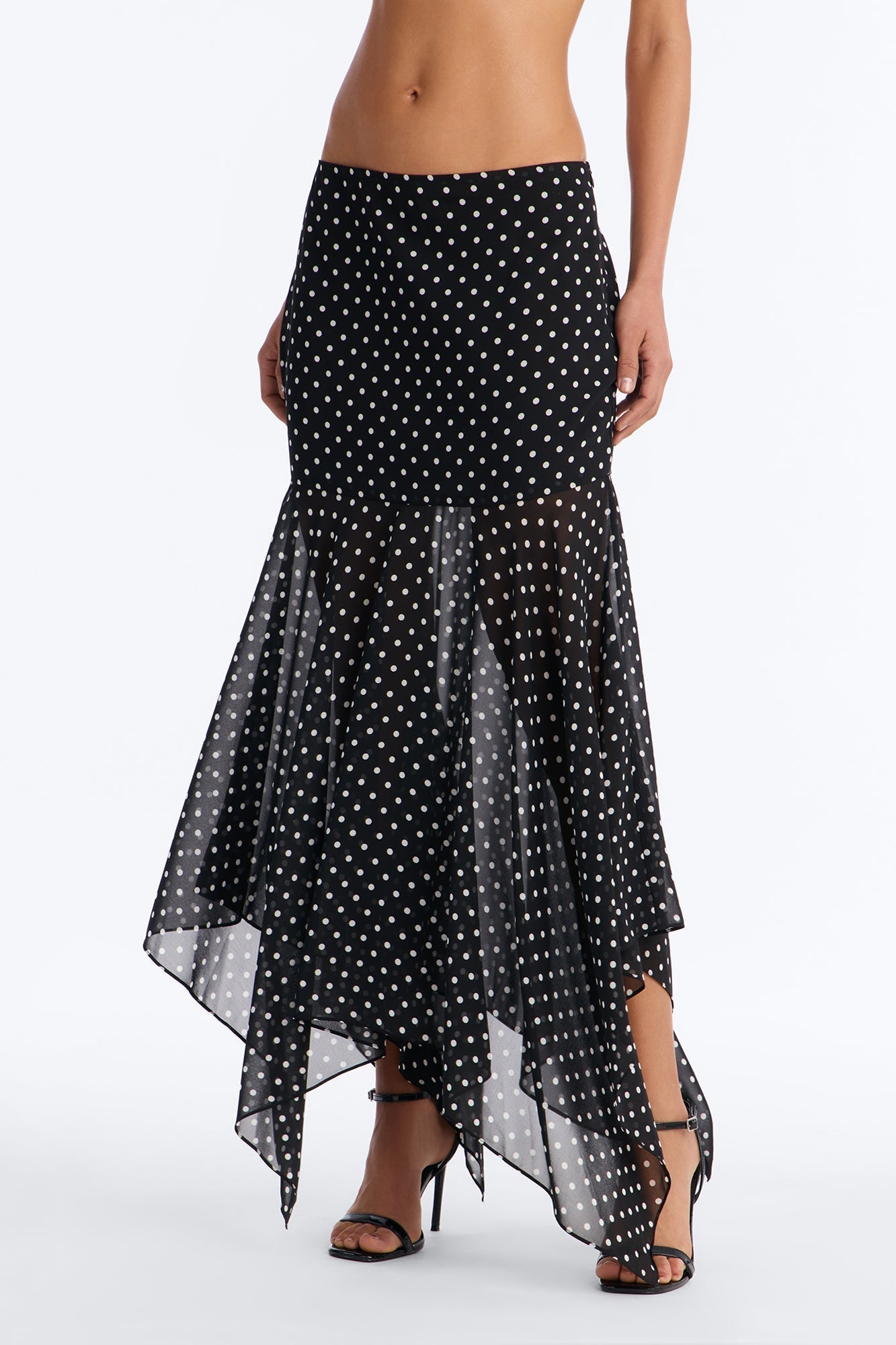 On The Dot Asymmetrical Chiffon Polka Dot Maxi Skirt - Black/White