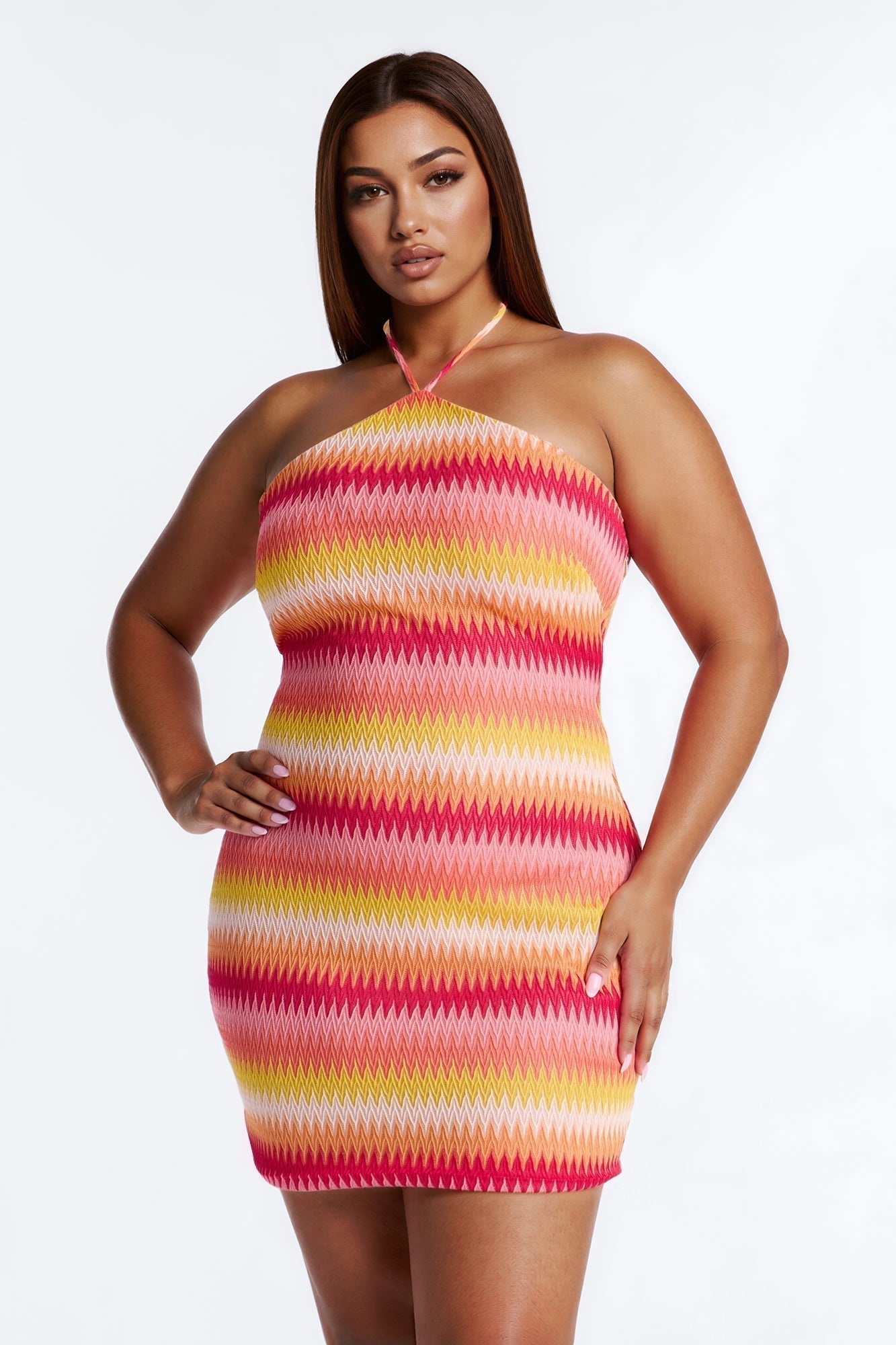 Off The Grid Chevron Crochet Mini Dress - Pink/combo