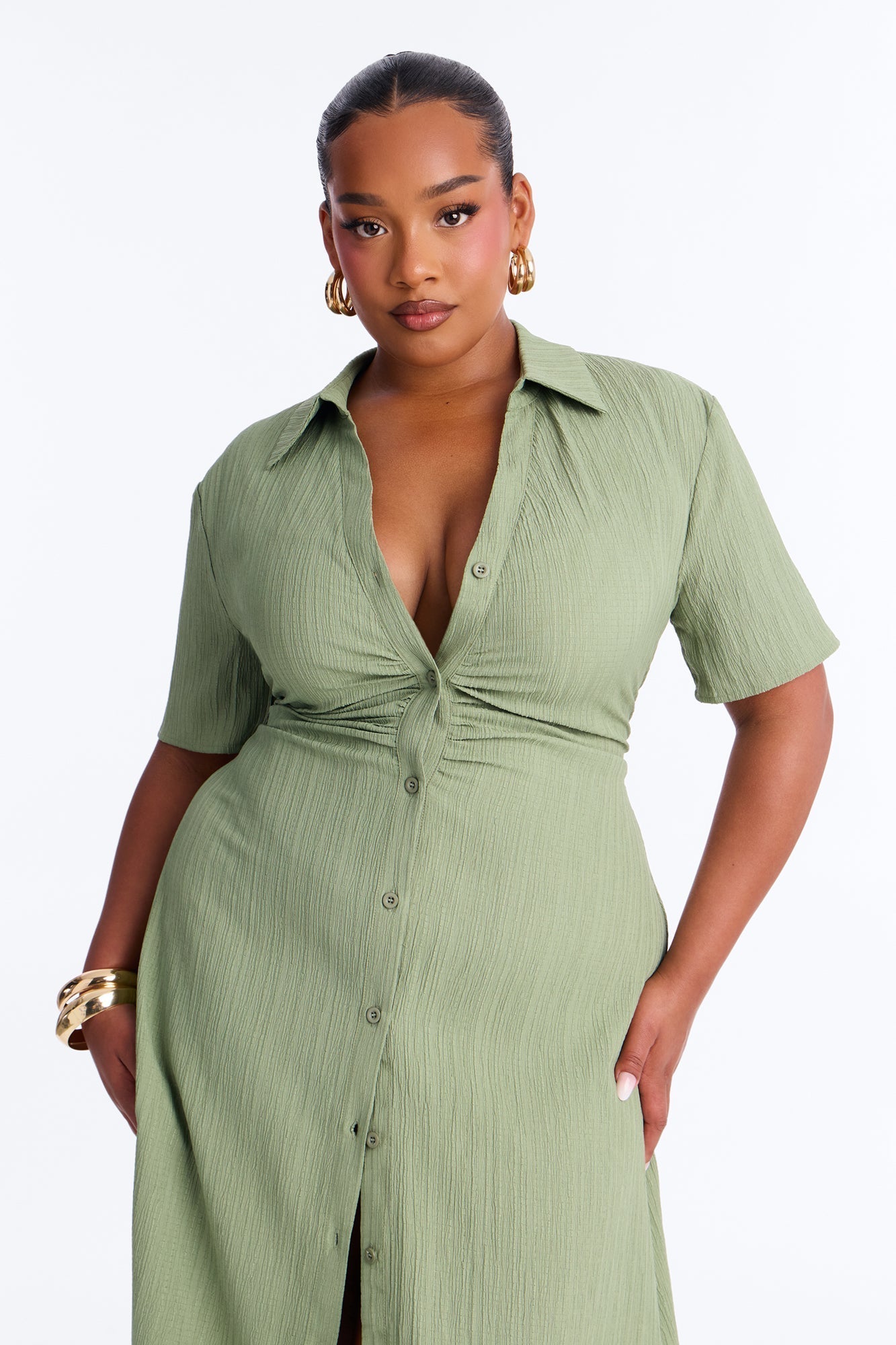 Carmen Ruched Shirt Midi Dress - Olive