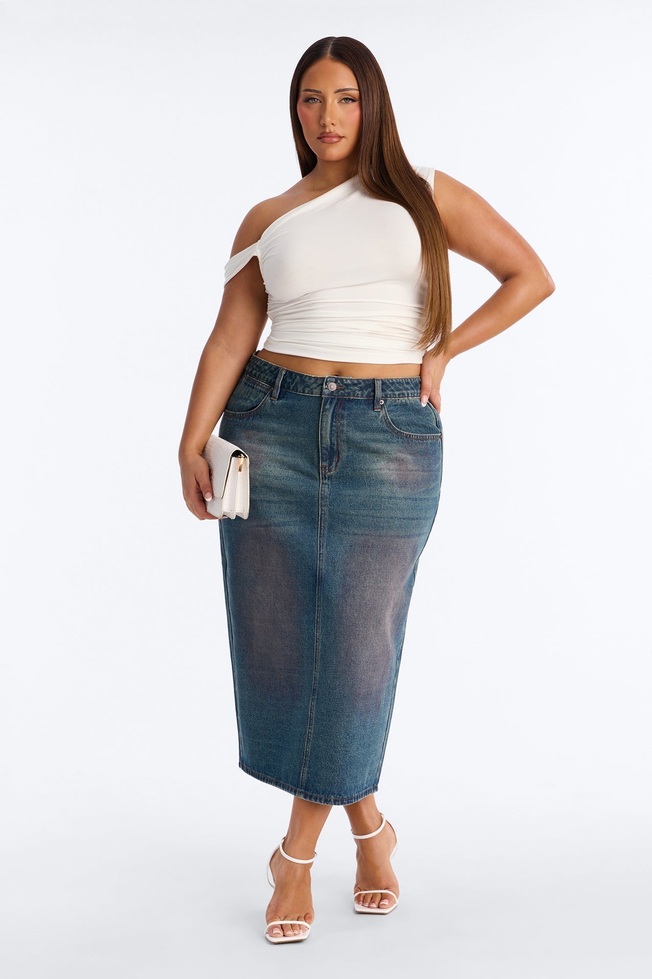 Adri Pink Tinted High Slit Denim Maxi Skirt - Vintage Wash