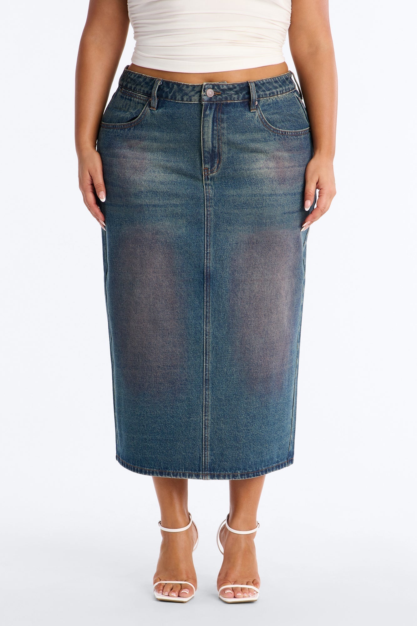 Adri Pink Tinted High Slit Denim Maxi Skirt - Vintage Wash
