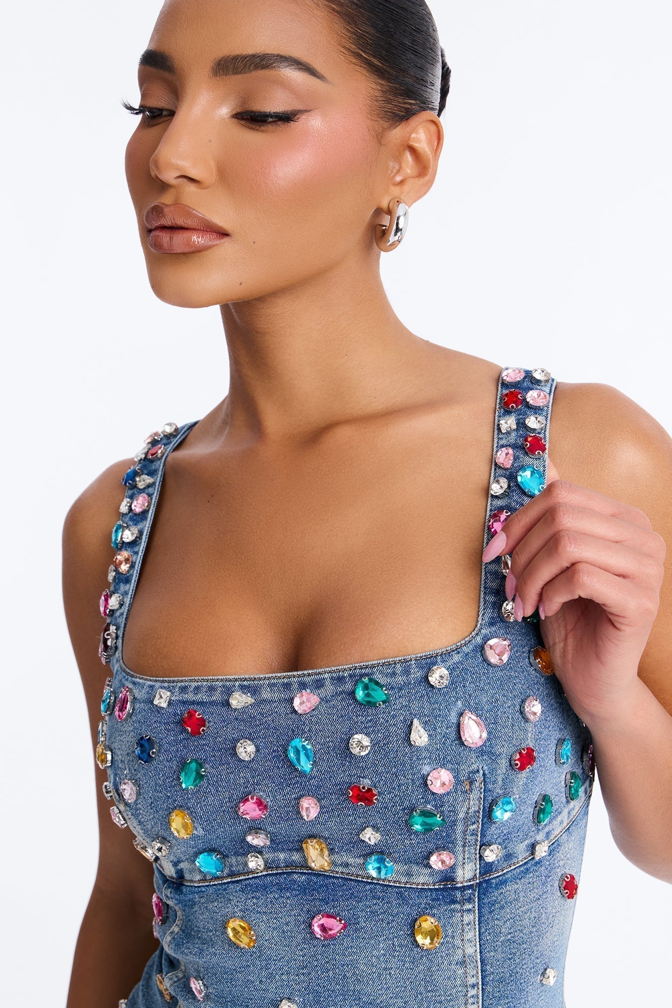 What A Gem Rhinestone Denim Mini Dress - Denim