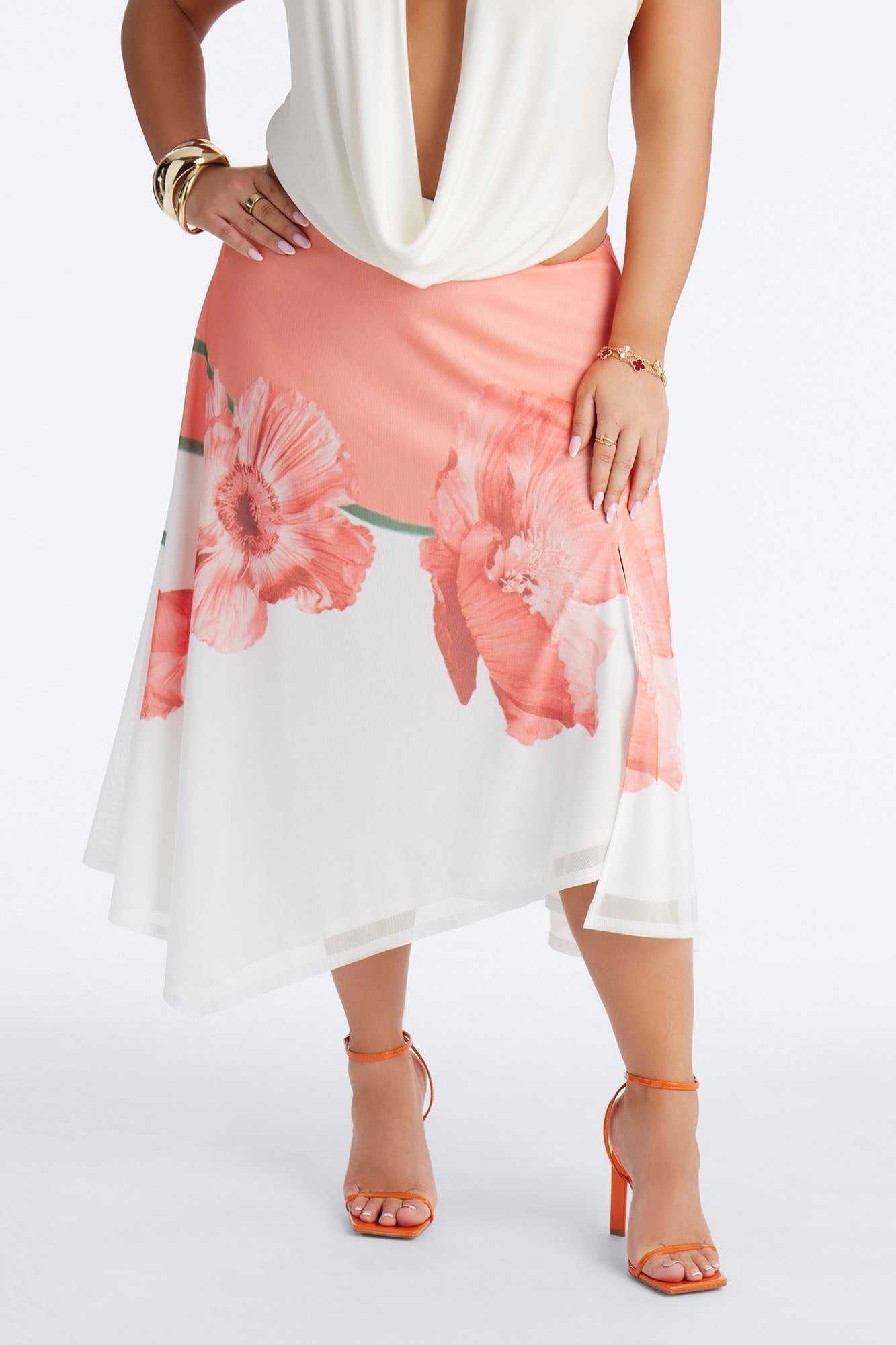 Aelia Floral Asymmetrical Mesh Midi Skirt - Orange/combo