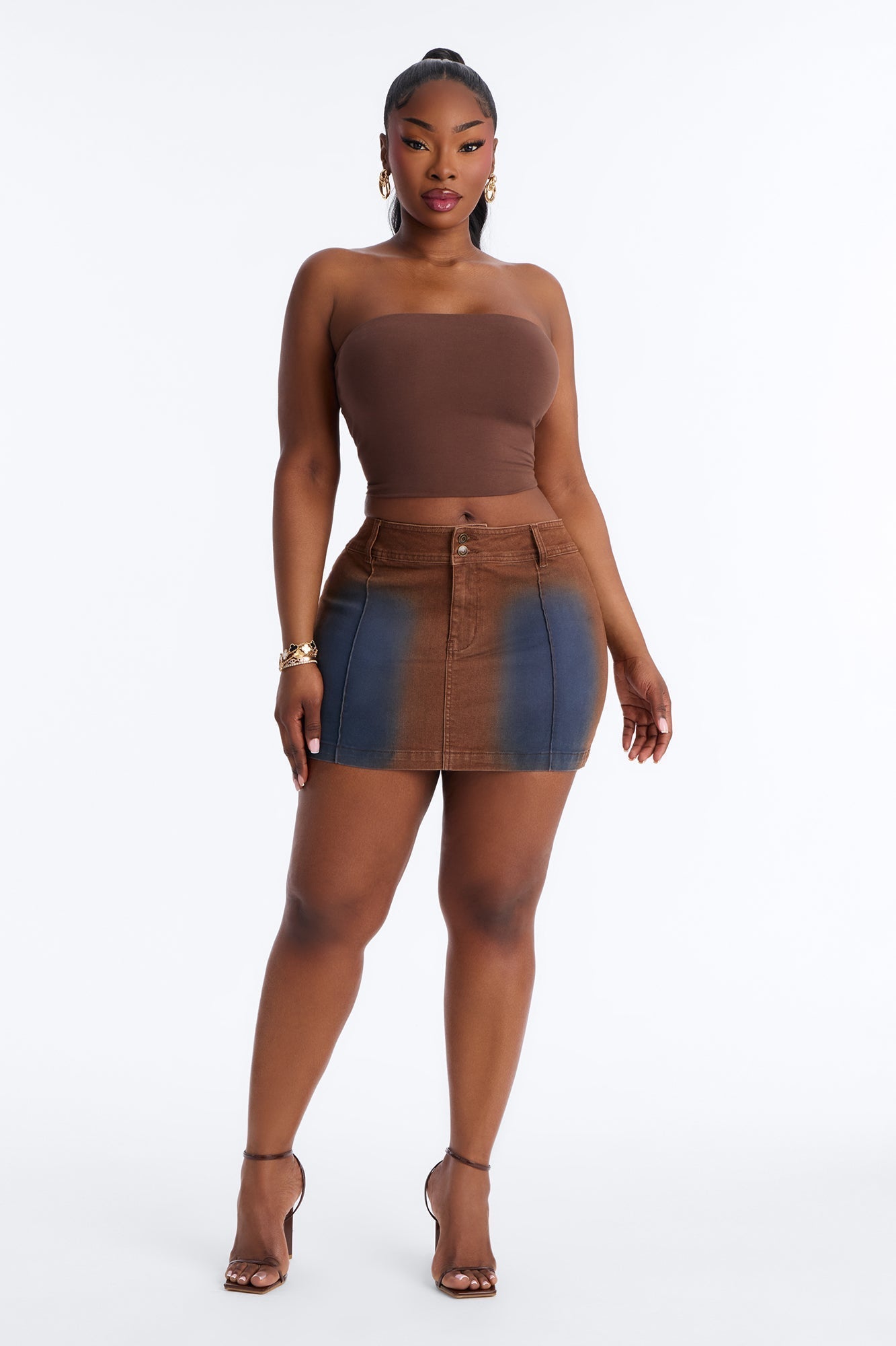 Match My Aura Tinted Denim Mini Skirt - Brown/combo