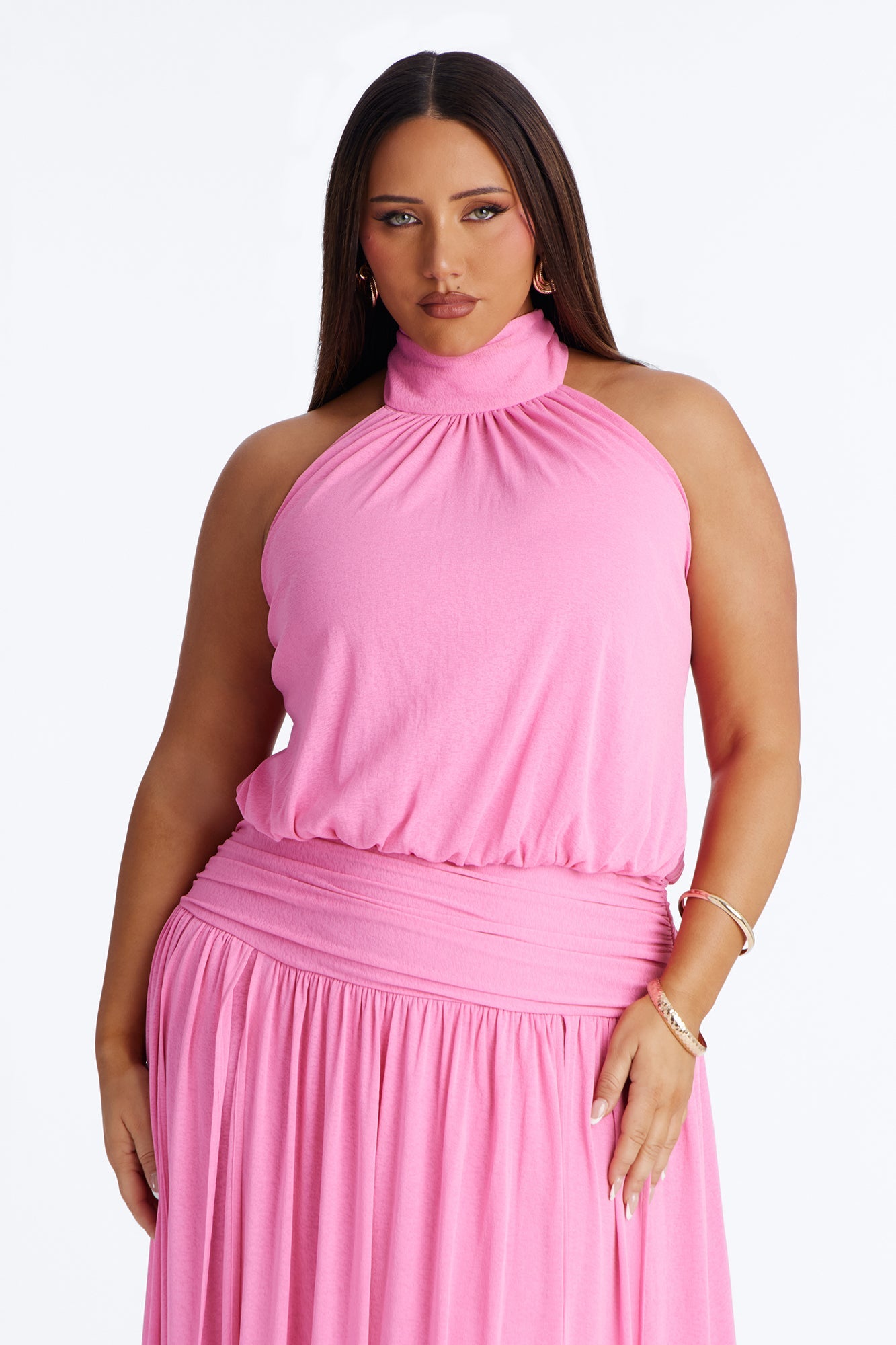 Bianca Halter Mock Neck Maxi Dress - Pink