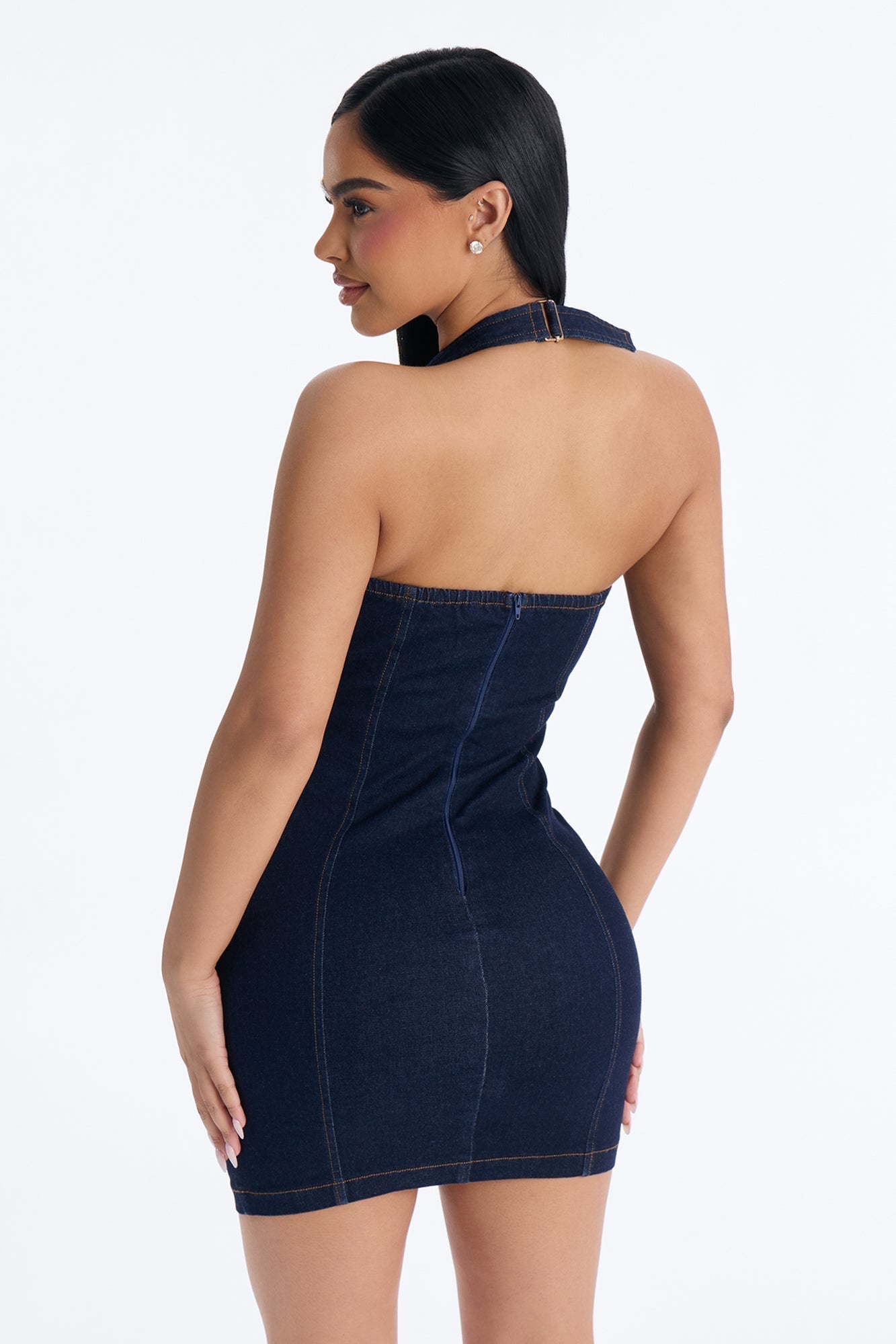 Jae Rae Halter Stretch Denim Micro Mini Dress - Dark Wash