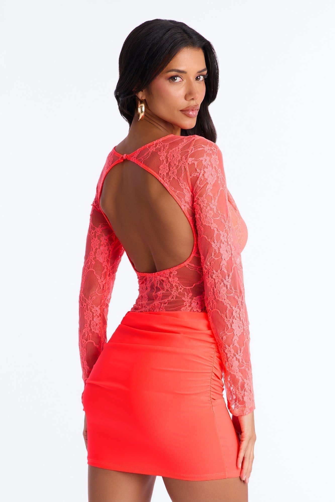Sabina Sheer Lace Micro Mini Dress - Neon Coral