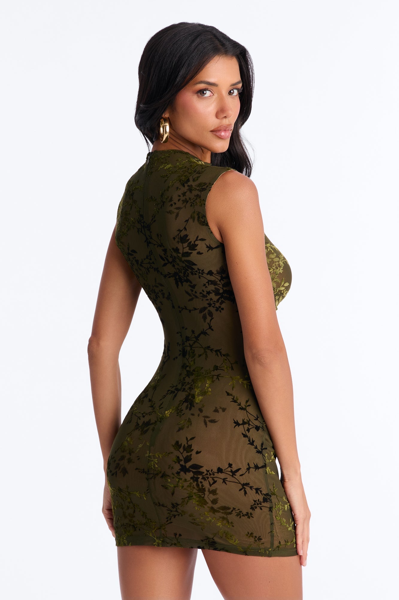 Magnolia Flocked Mesh Mini Dress - Olive