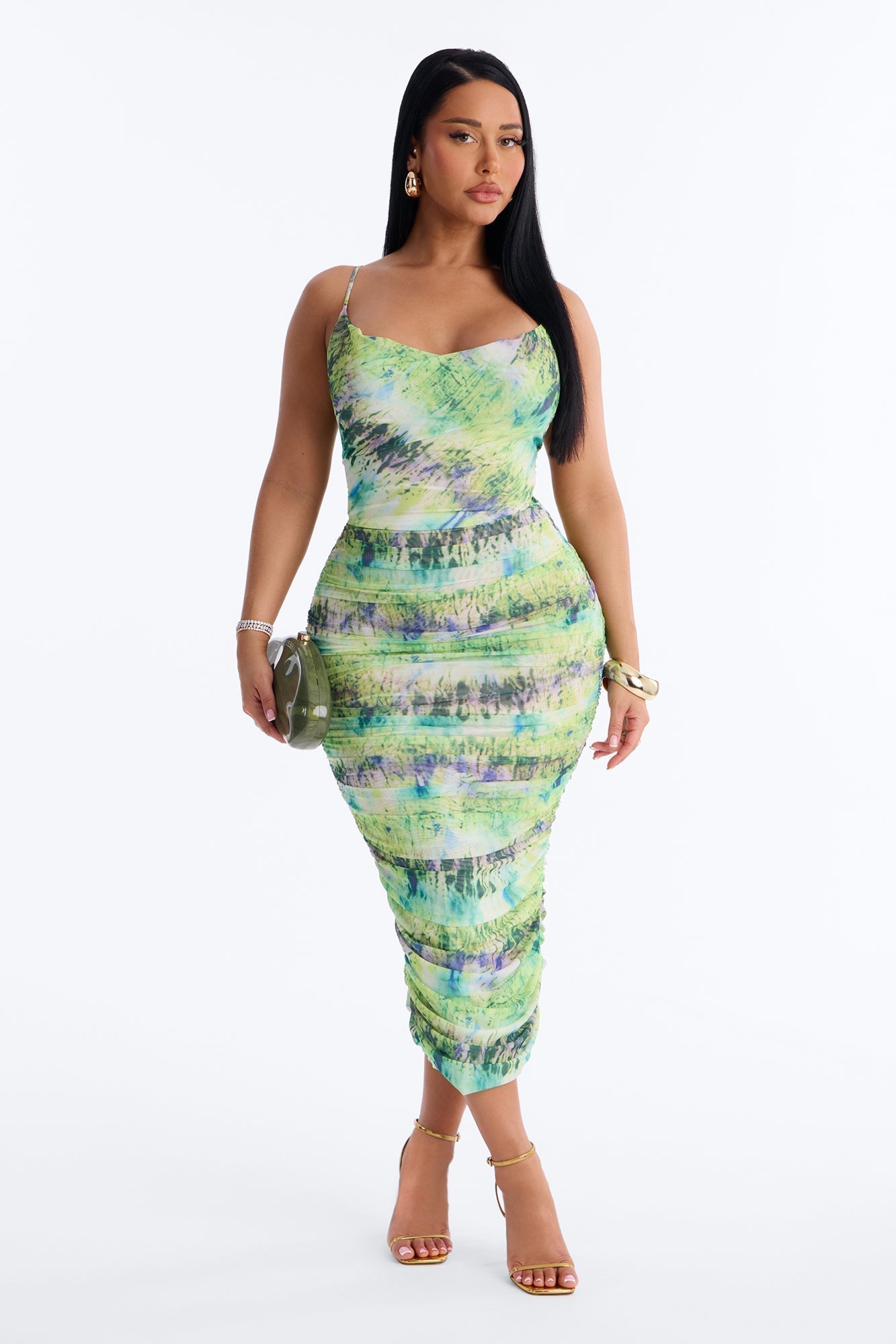 Adelina Ruched Mesh Midi Dress - Green/combo