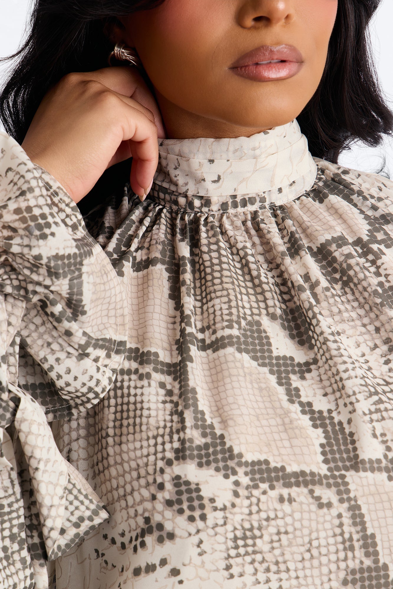 Mila Snake Print Chiffon Long Sleeve Mini Dress - Grey/combo