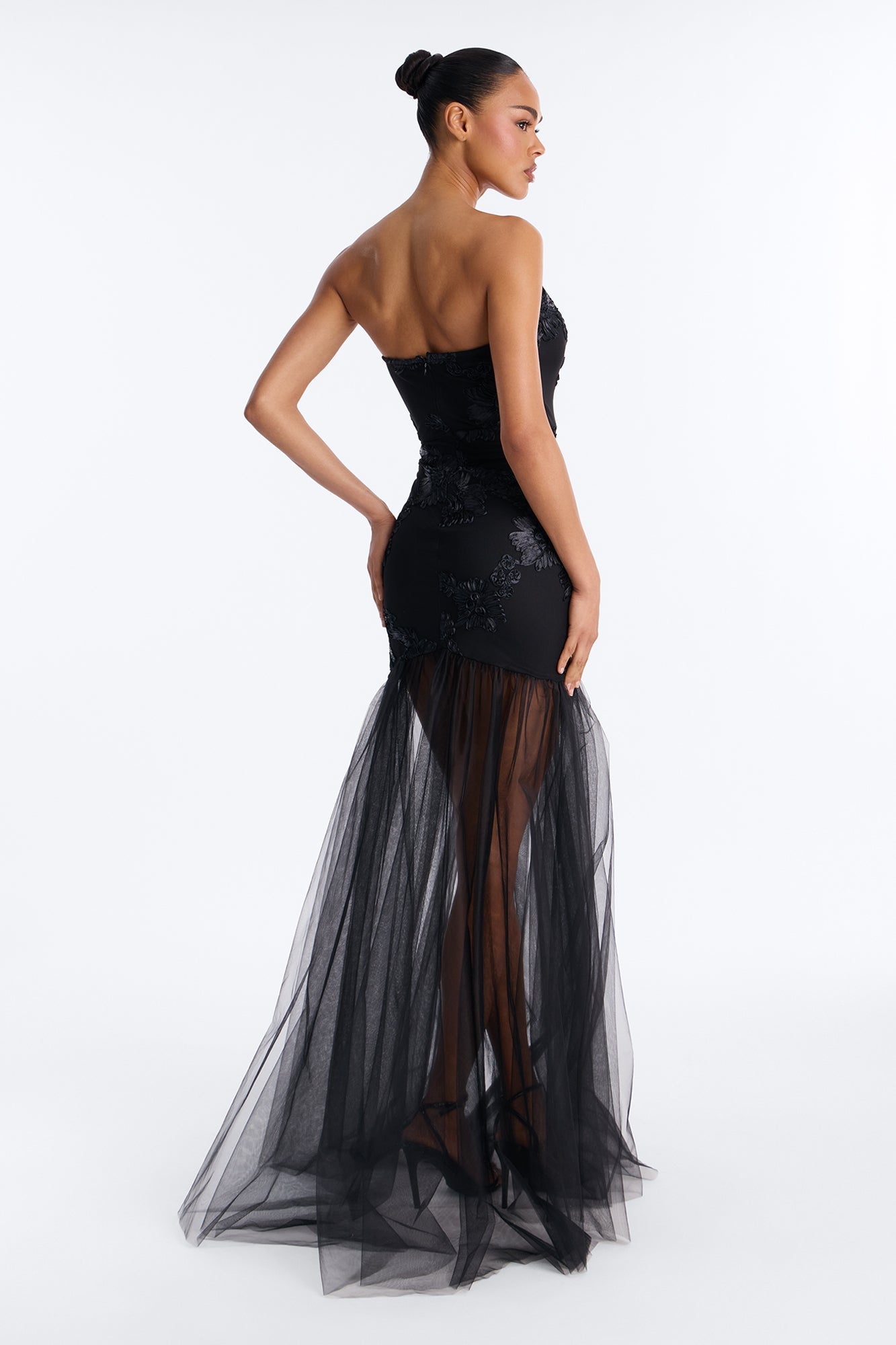 Elena Embroidered Mermaid Gown - Black