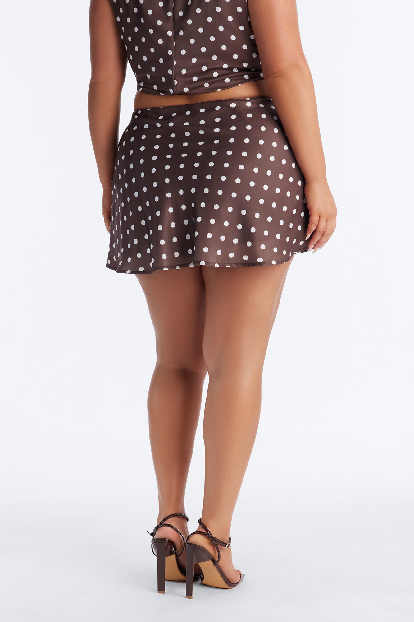 Teegan Polka Dot Satin Skater Mini Skirt - Chocolate