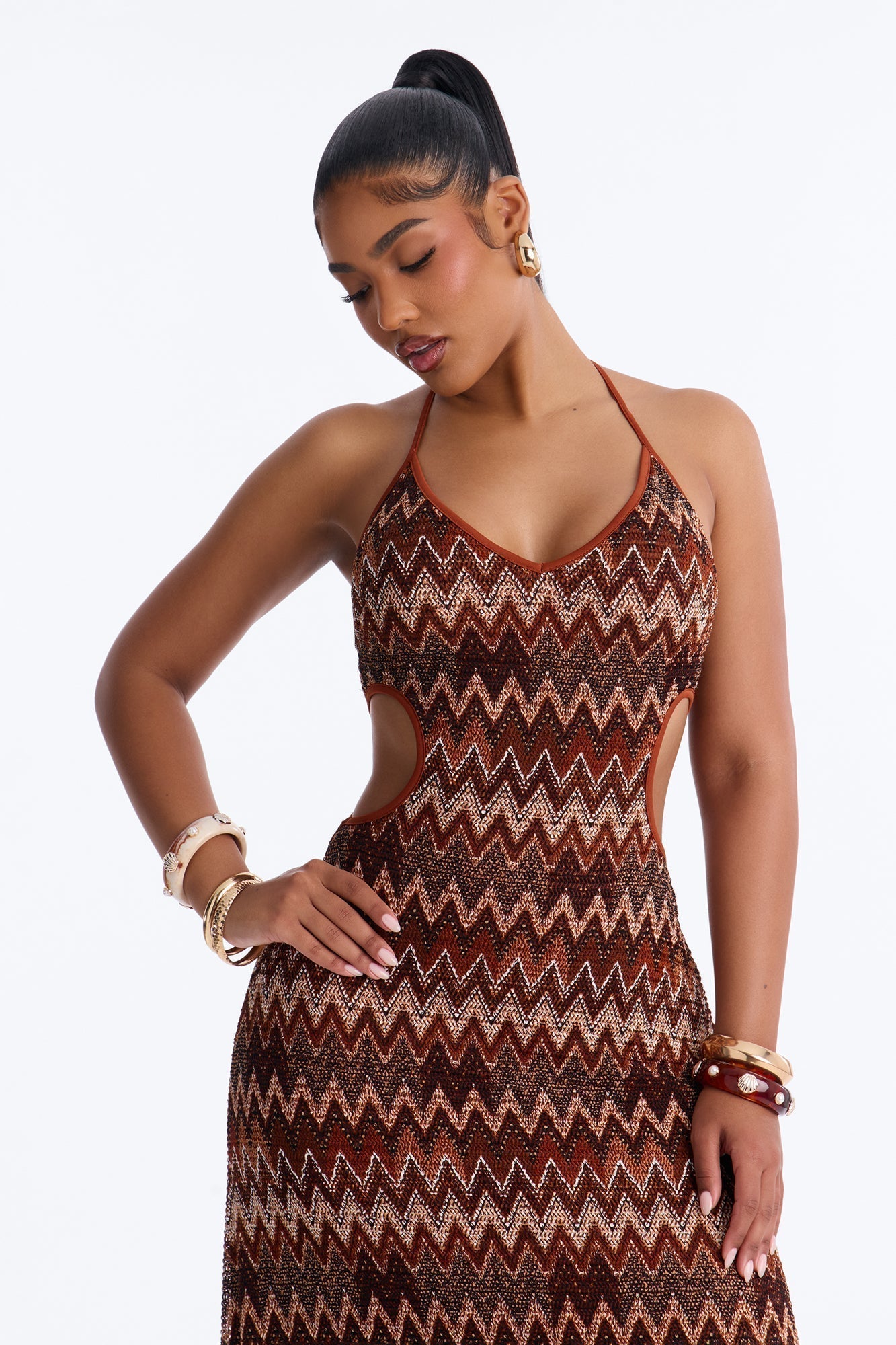Palm Princess Cut Out Maxi Dress - Brown/combo