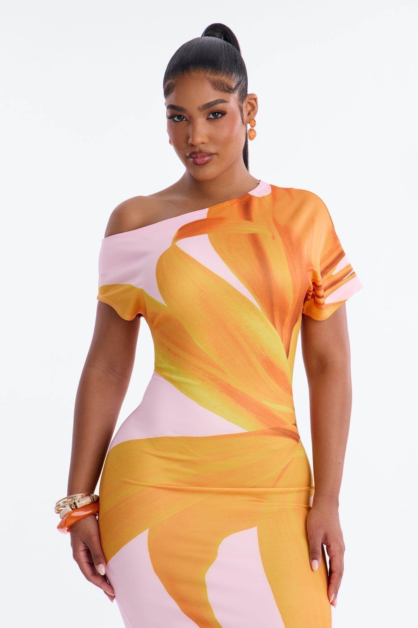Gardenia One Shoulder Floral Midi Dress - Orange/combo
