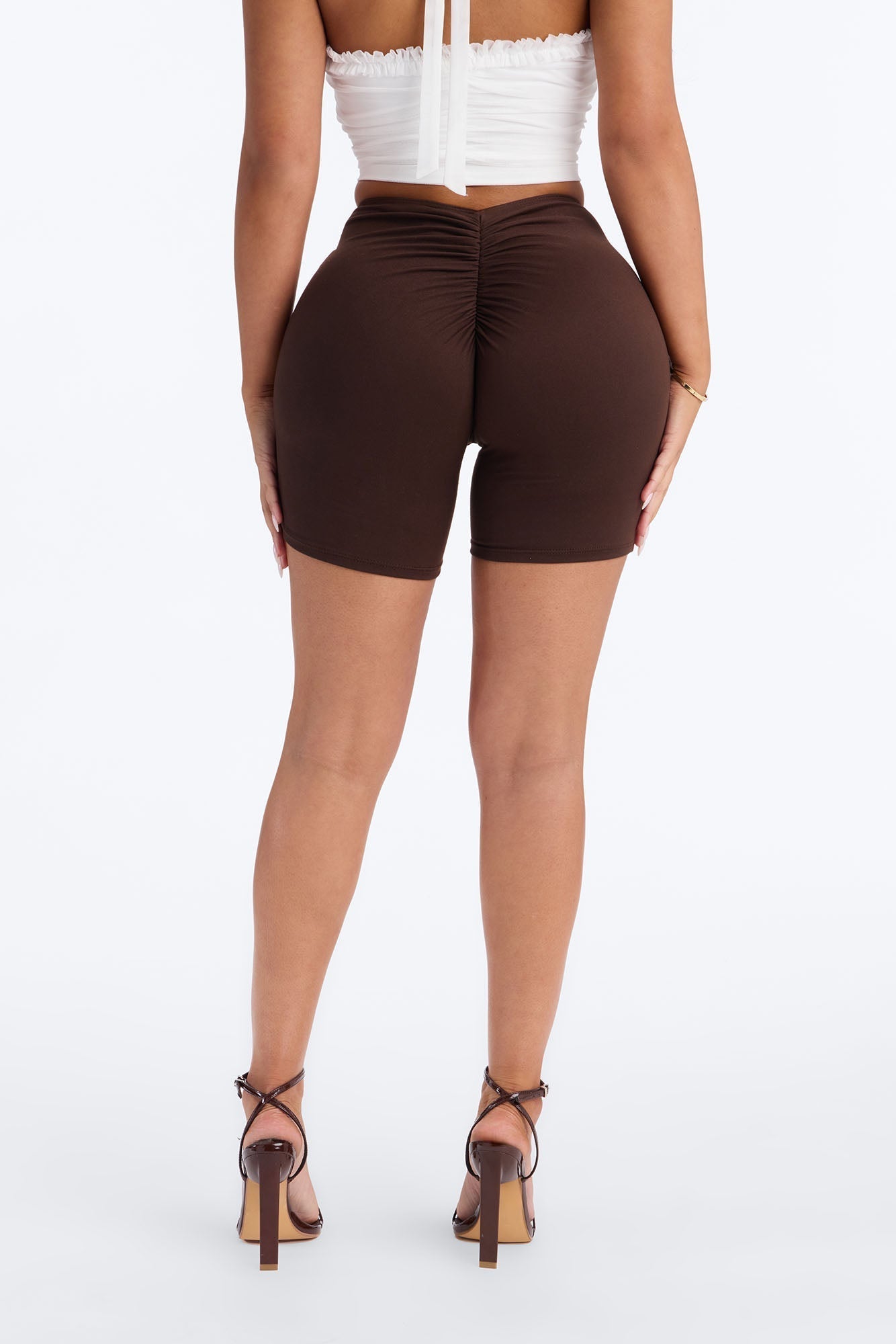 Feeling Cheeky Mid Rise Ruched Butt Biker Short 6″ - Chocolate