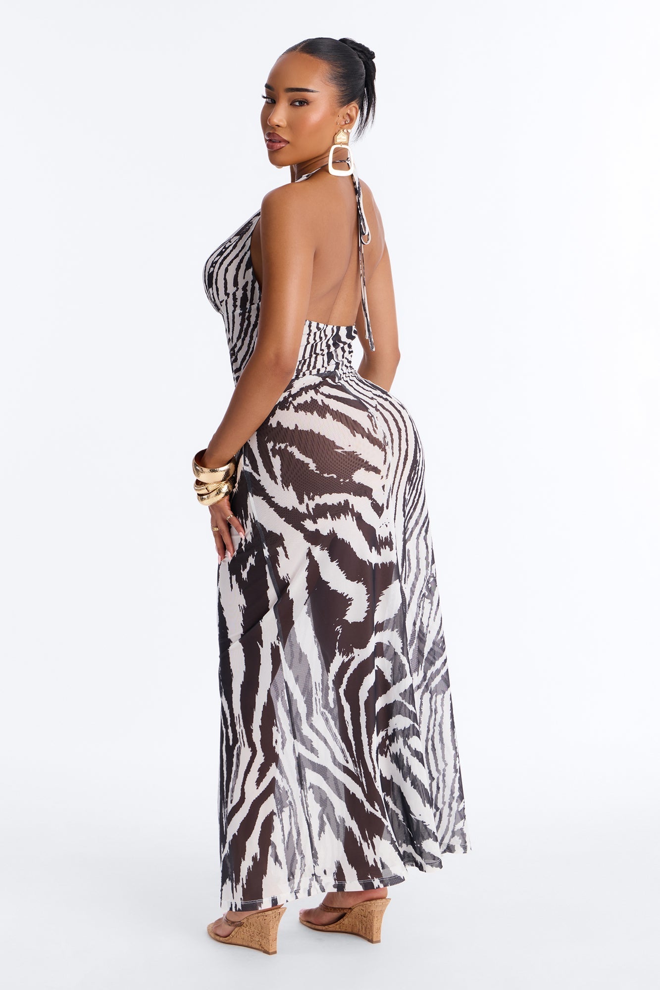 Alara Halter Mesh Maxi Dress - White/Black