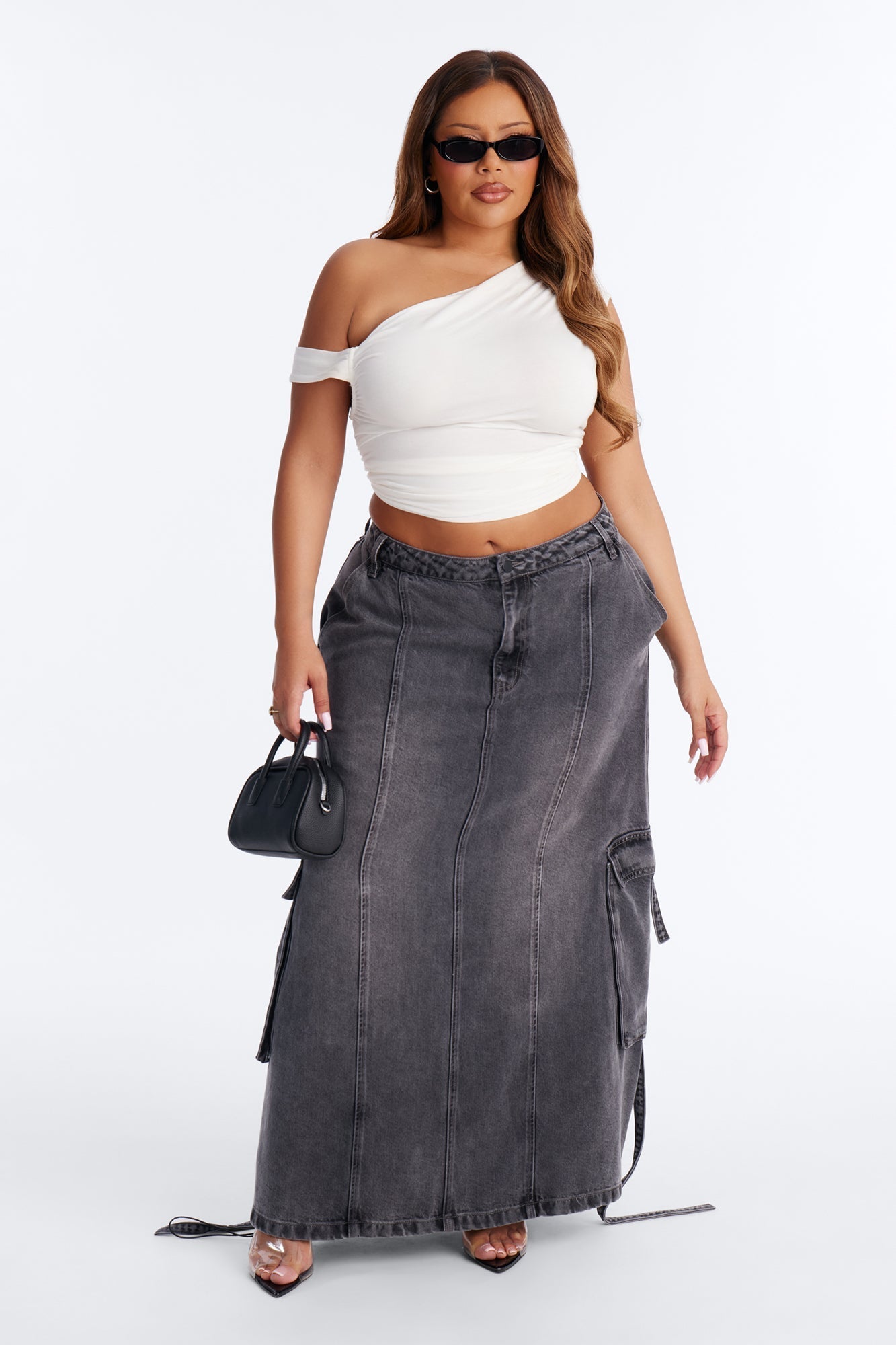 Cool Girl Low Rise Denim Cargo Jogger Maxi Skirt - Charcoal
