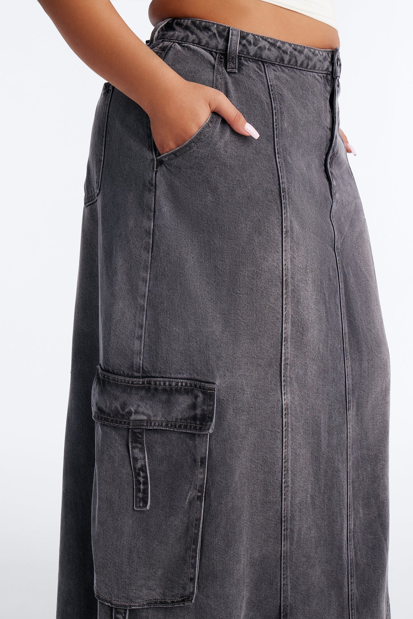Cool Girl Low Rise Denim Cargo Jogger Maxi Skirt - Charcoal