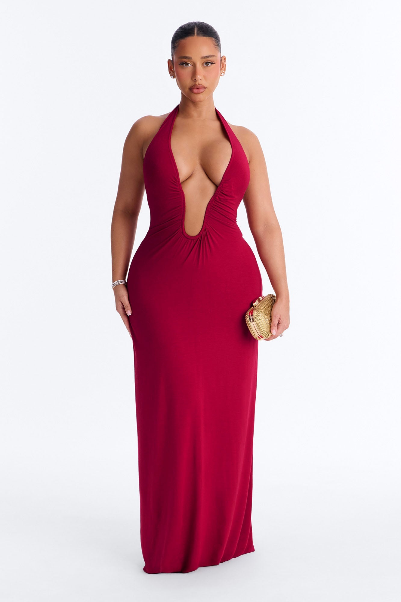 Charlotte Halter Plunge Maxi Dress - Burgundy