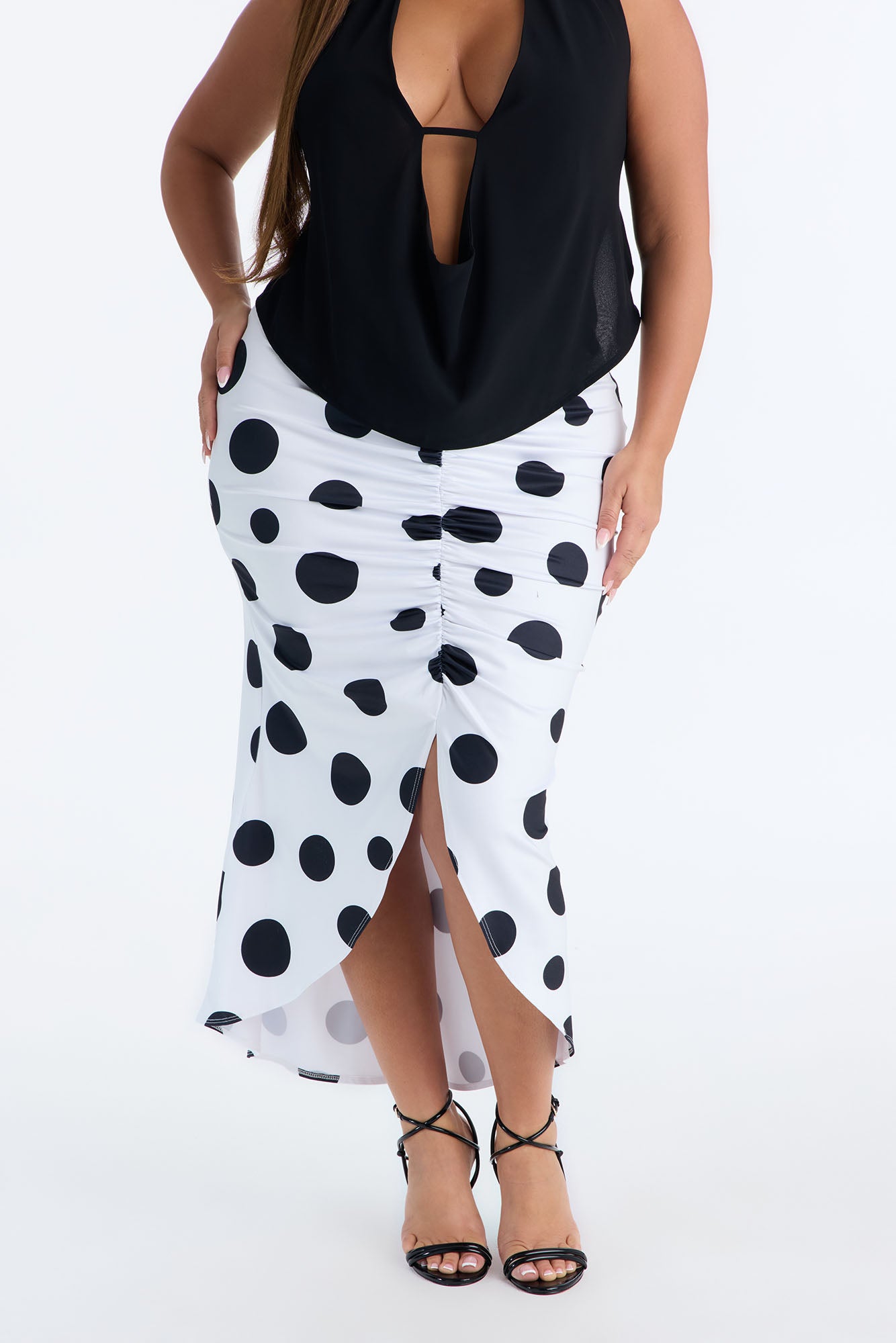 Mila Ruched Polka Dot Midi Skirt - White/Black