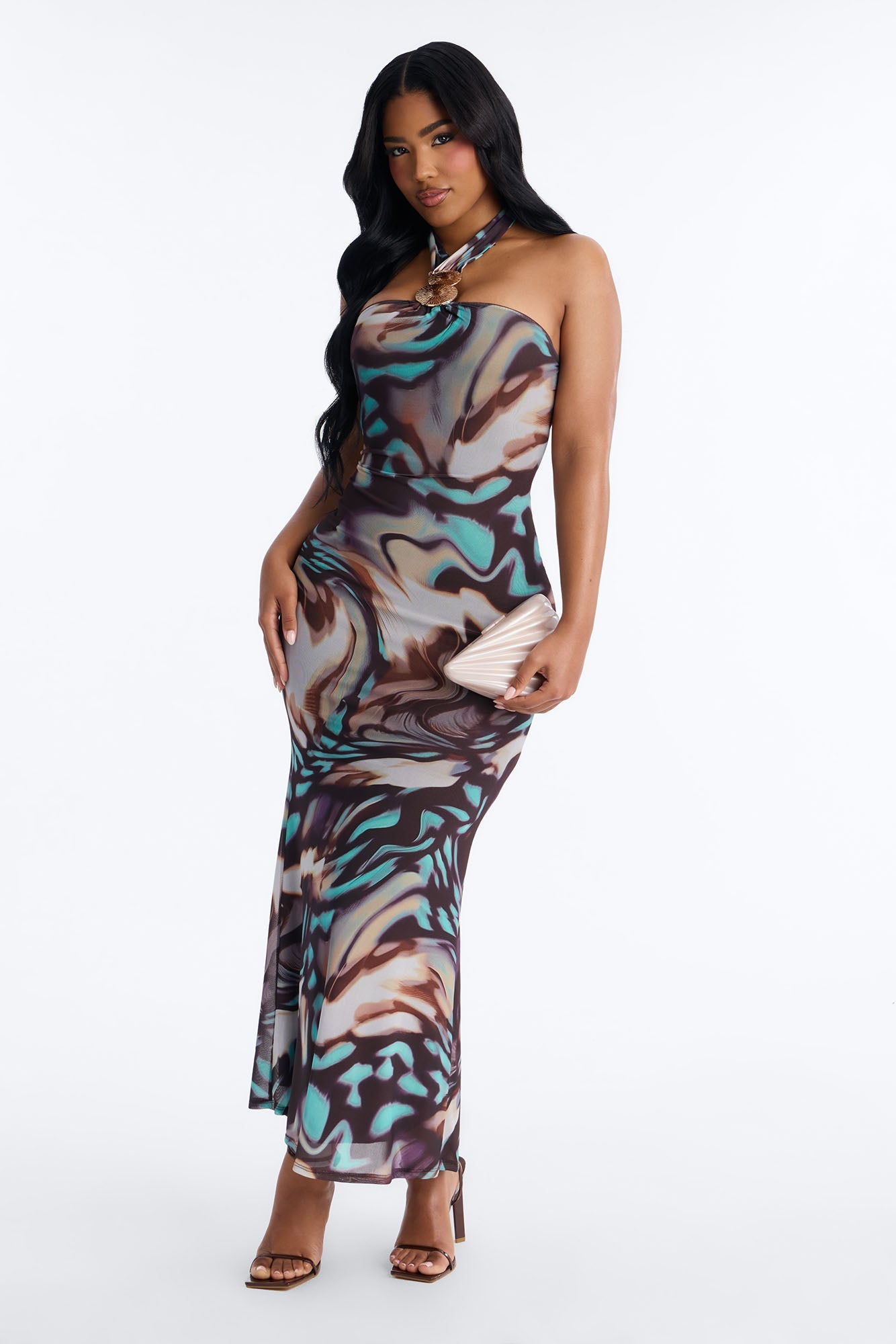 Bad Habits Halter Mesh Maxi Dress - Brown/combo