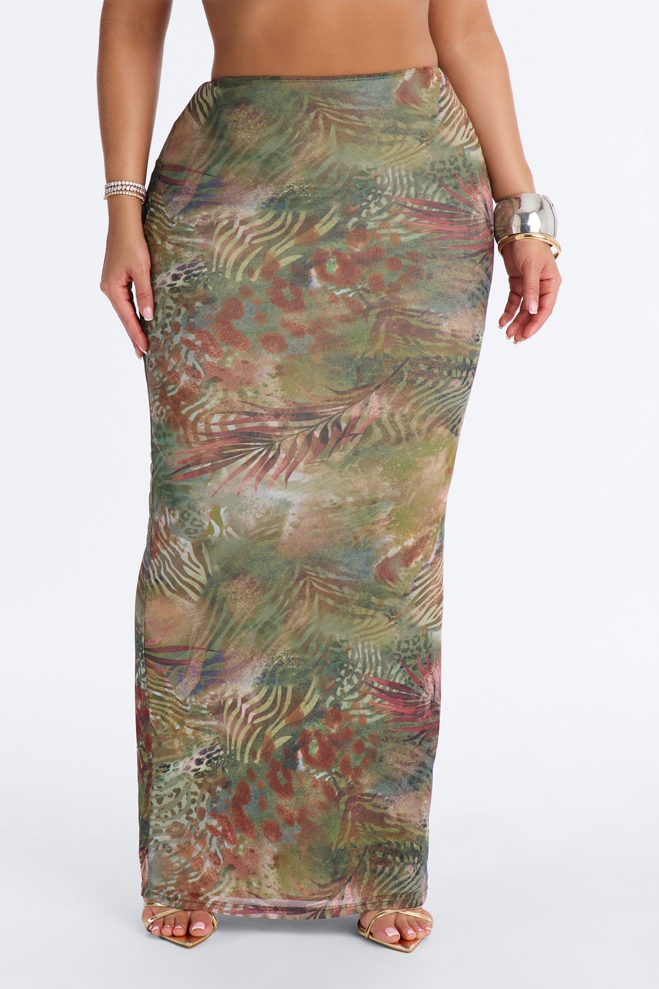 Tropical Bloom Mesh Maxi Skirt - Green/combo