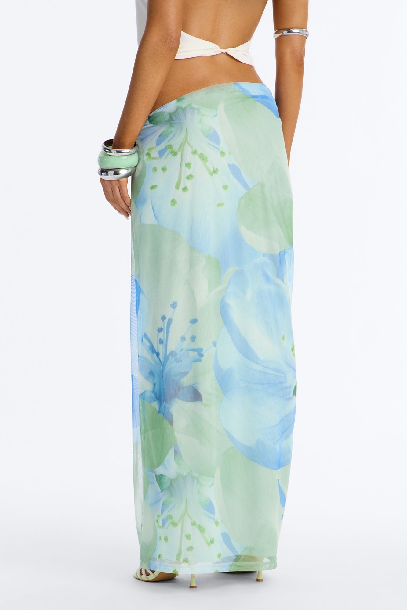Izzie Asymmetrical Floral Mesh Maxi Skirt - Blue/combo