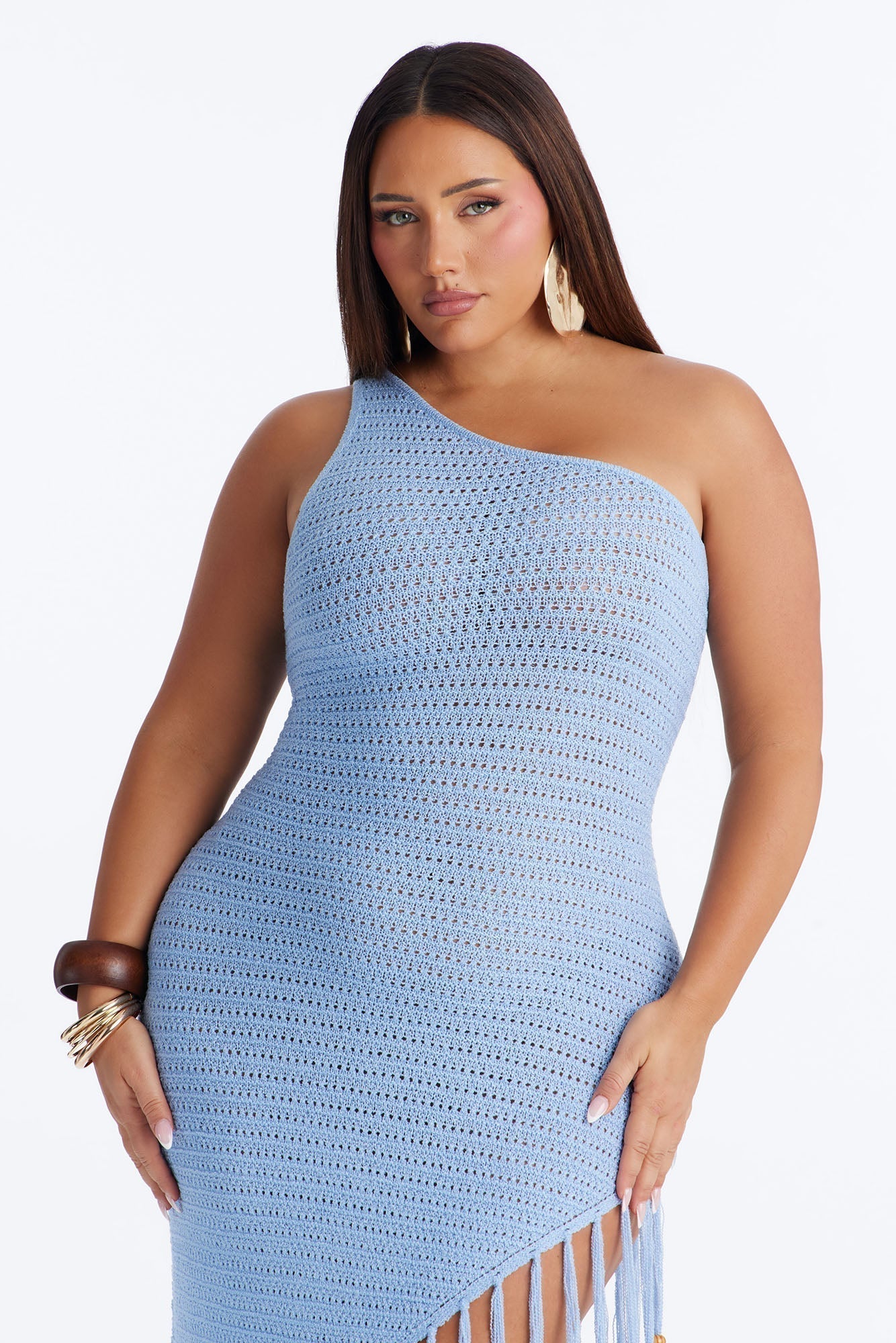 Vacation Vixen Fringe Crochet Maxi Dress - Light Blue
