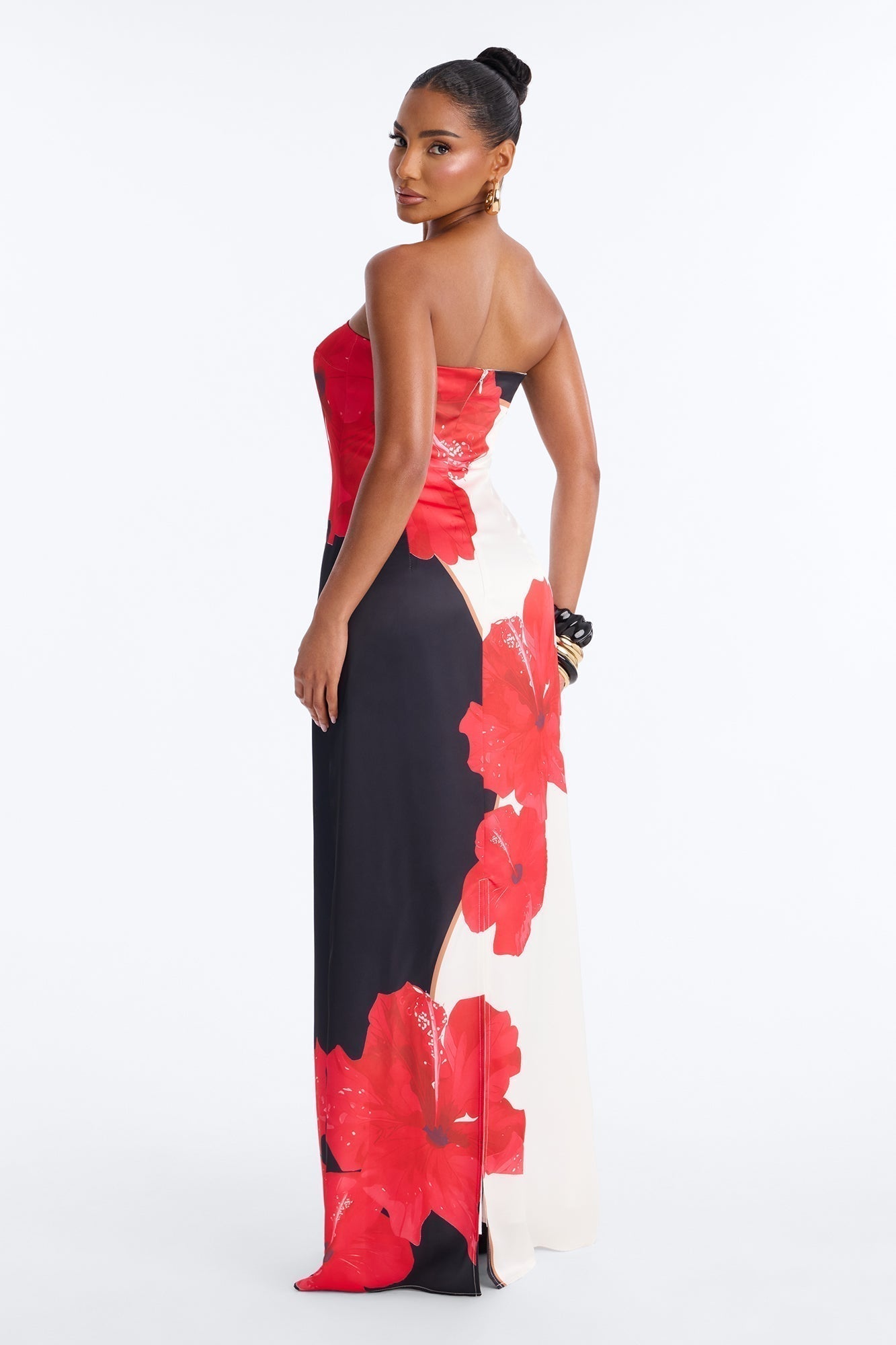 Kianna Strapless Satin Maxi Dress - Red/combo