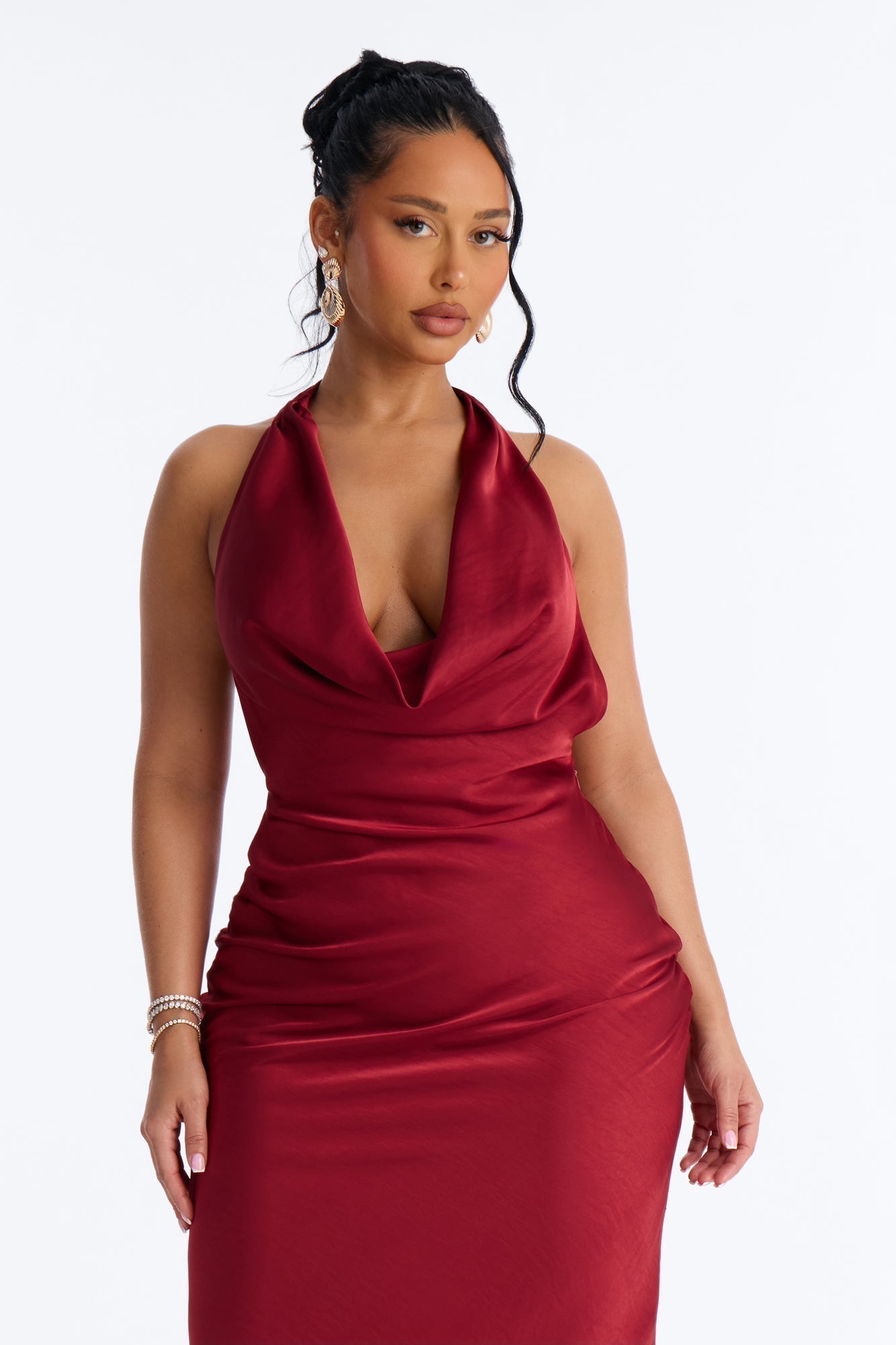 Riley Asymmetrical Satin Maxi Dress - Marsala
